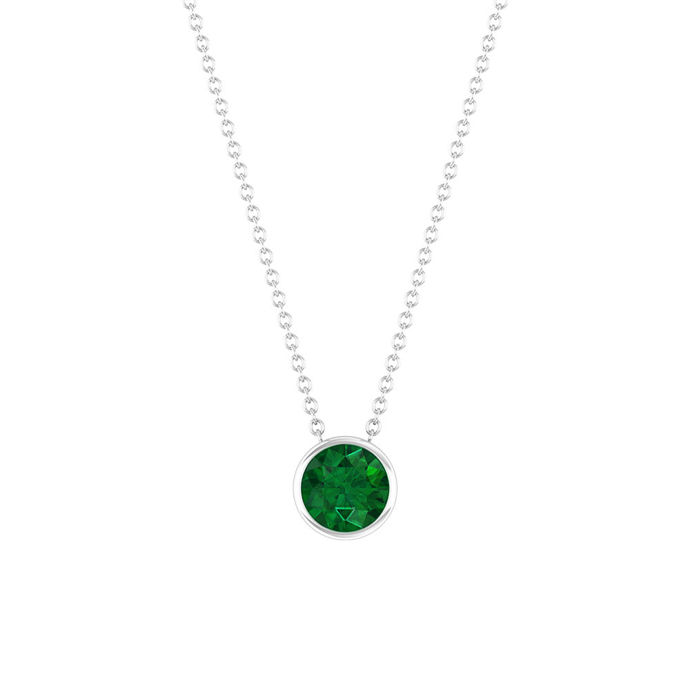 Round Shape Emerald Solitaire Necklace in Bezel Setting Emerald - ( AAA ) - Quality - Rosec Jewels