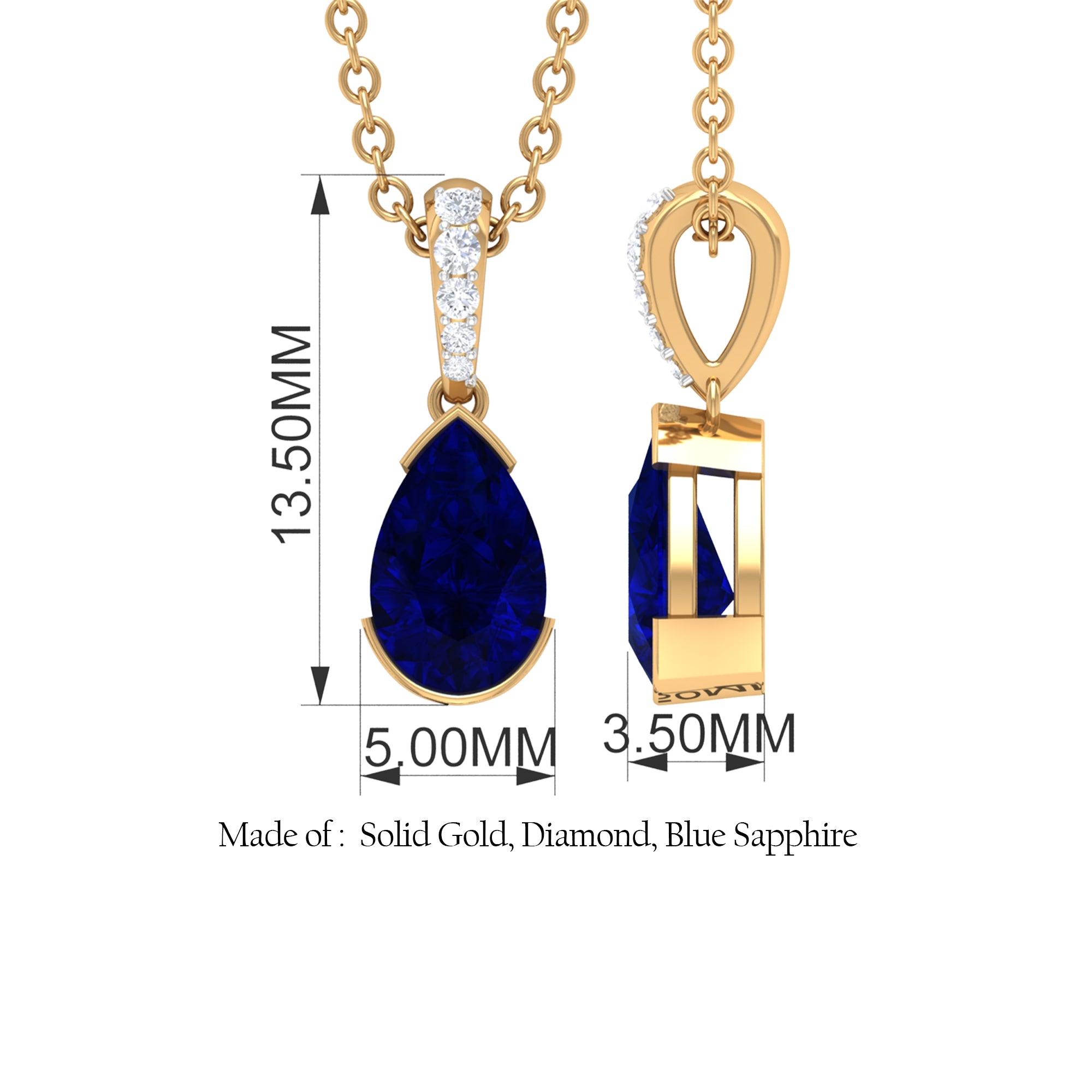 1 CT Pear Cut Blue Sapphire Solitaire Pendant in Half Bezel Setting with Diamond Accent Bail Blue Sapphire - ( AAA ) - Quality - Rosec Jewels