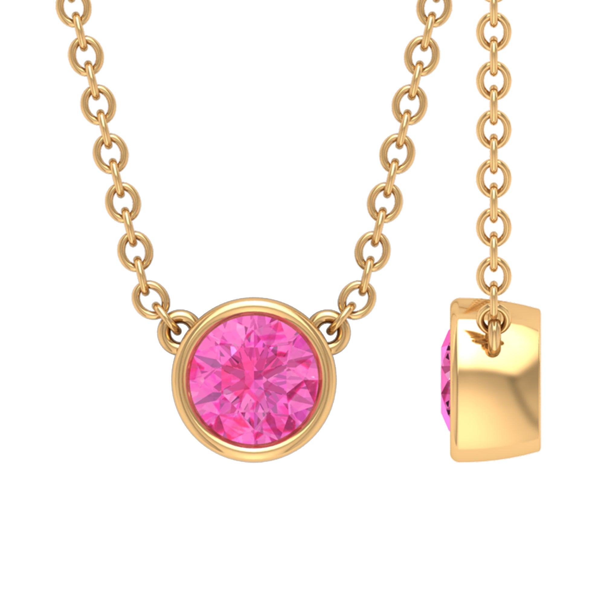 Bezel Set Round Pink Sapphire Solitaire Necklace Pink Sapphire - ( AAA ) - Quality - Rosec Jewels