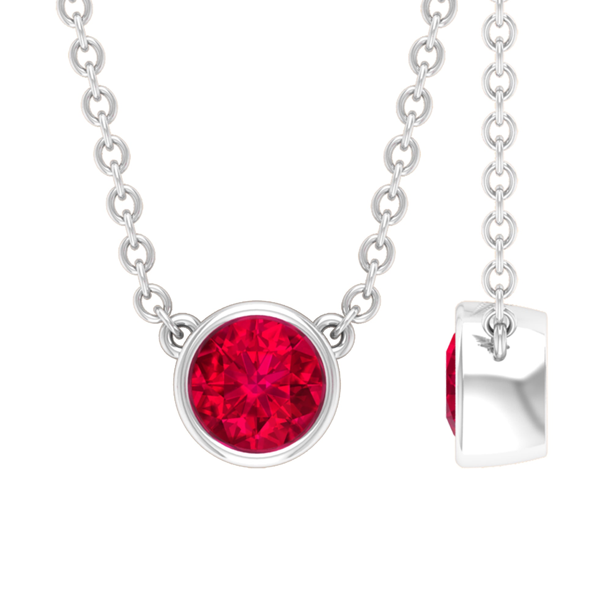 Round Created Ruby Solitaire Necklace Lab Created Ruby - ( AAAA ) - Quality - Rosec Jewels