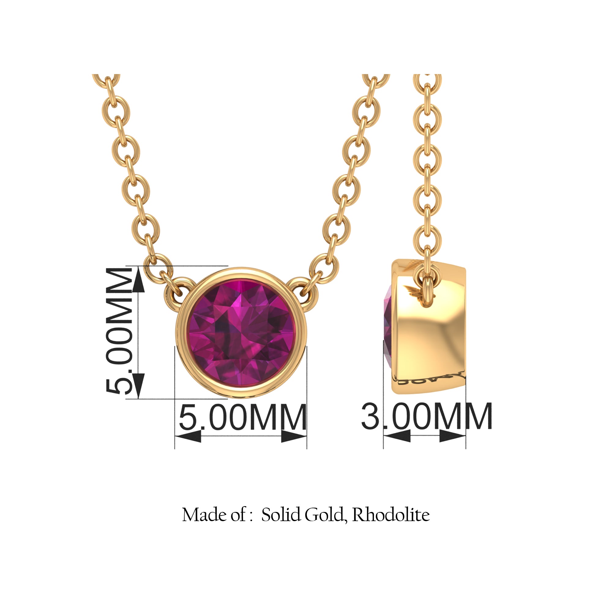 1/4 CT Natural Rhodolite Solitaire Gold Necklace in Bezel Setting Rhodolite - ( AAA ) - Quality - Rosec Jewels