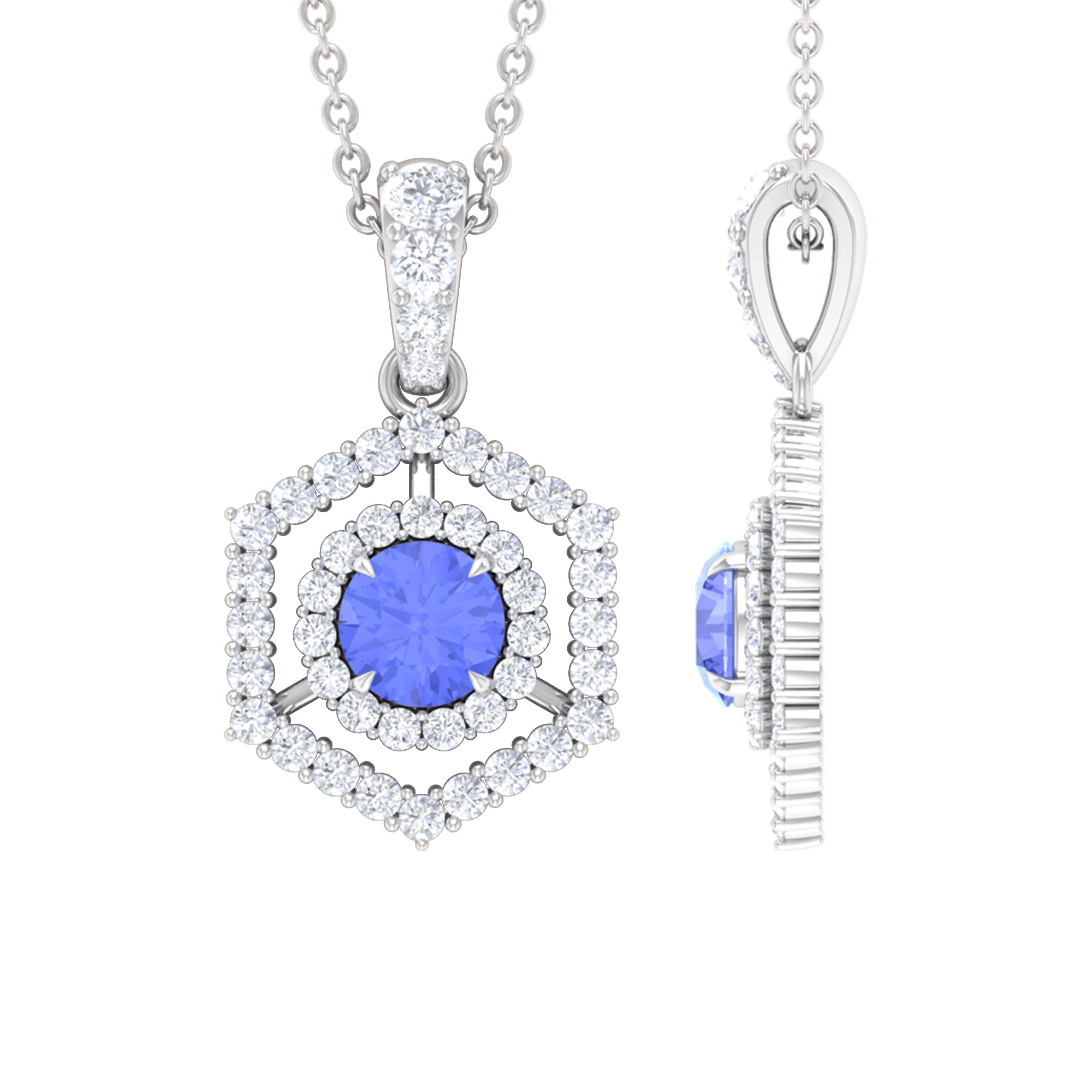 Tanzanite and Diamond Hexagon Pendant Necklace Tanzanite - ( AAA ) - Quality - Rosec Jewels