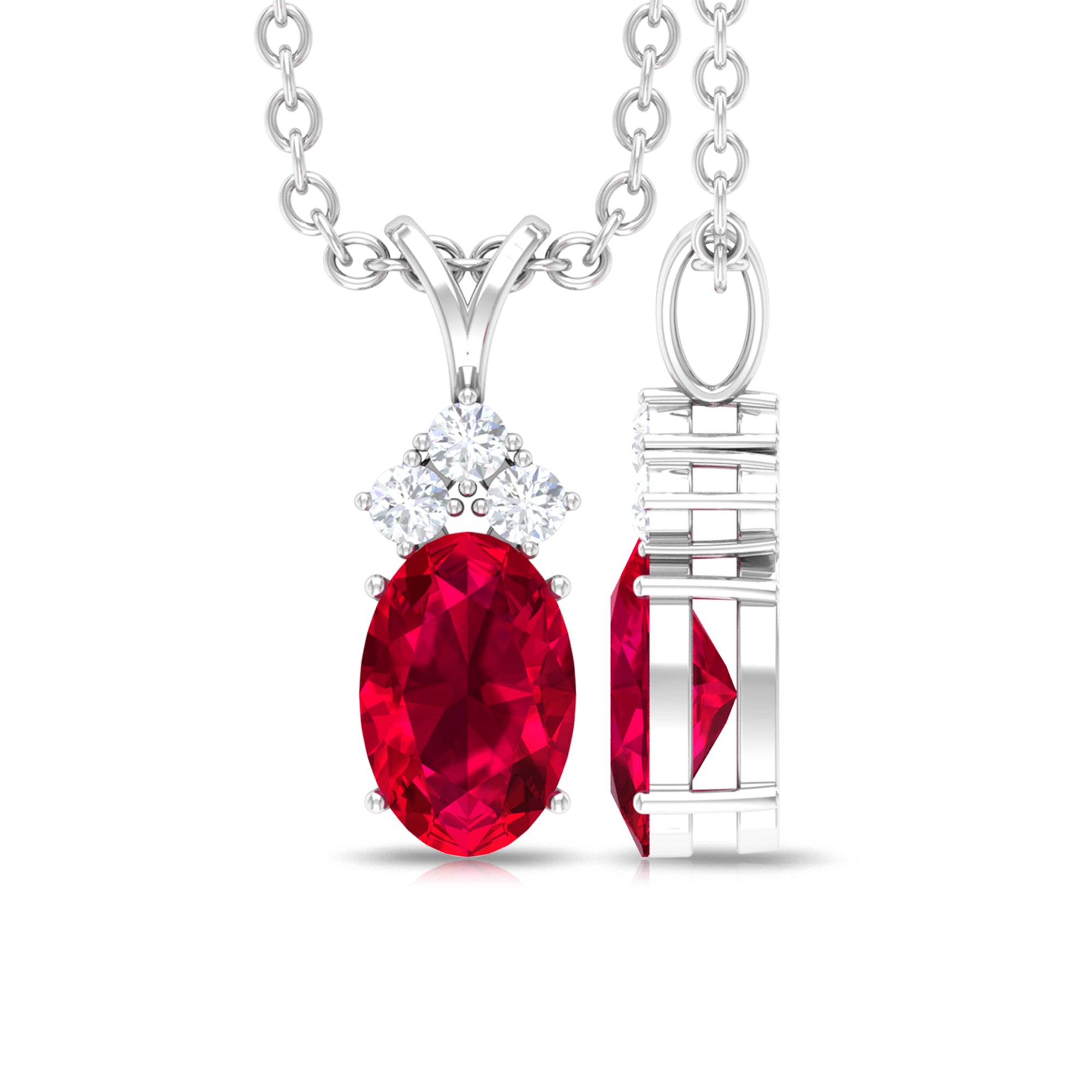 Minimal Oval Ruby Pendant with Diamond Stones Ruby - ( AAA ) - Quality - Rosec Jewels