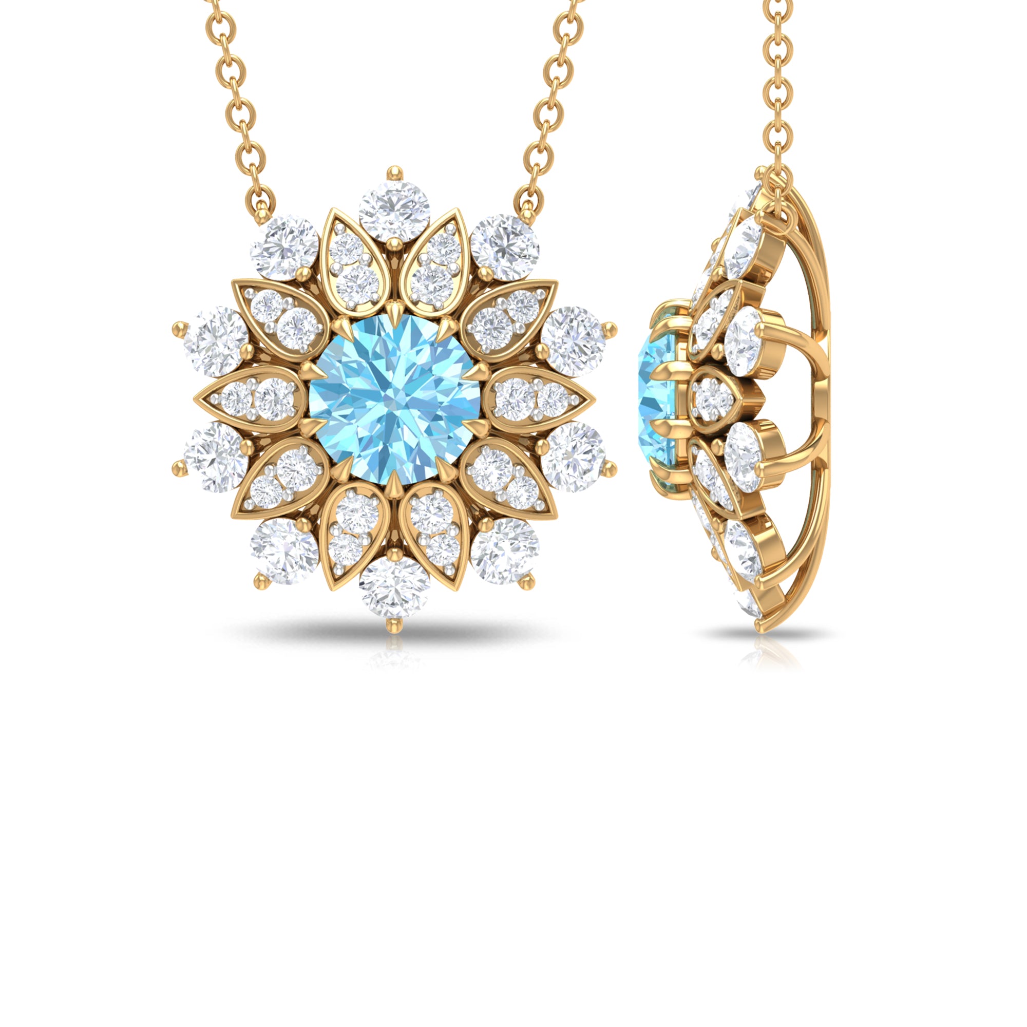 Aquamarine and Moissanite Flower Statement Necklace Aquamarine - ( AAA ) - Quality - Rosec Jewels