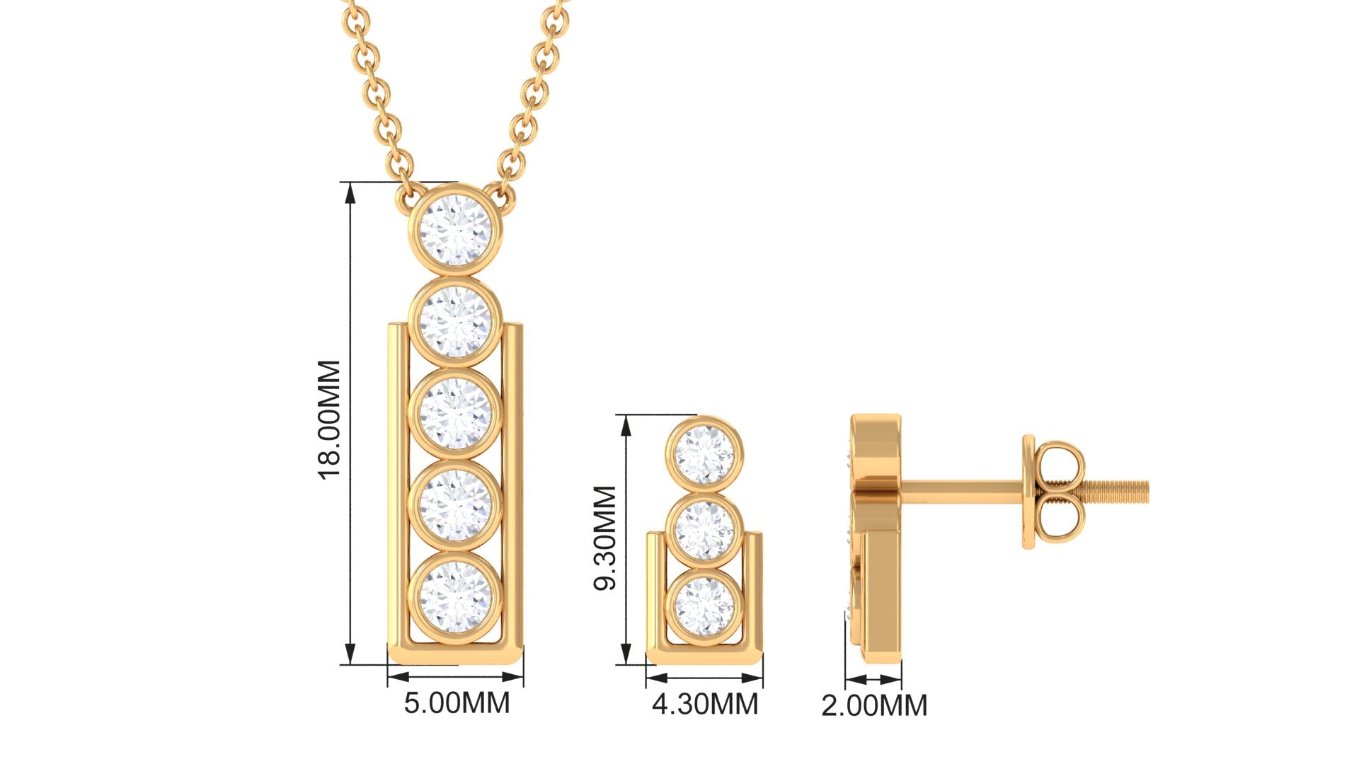 Round Diamond Gold Bar Pendant Earring Set in Bezel Setting Diamond - ( HI-SI ) - Color and Clarity - Rosec Jewels