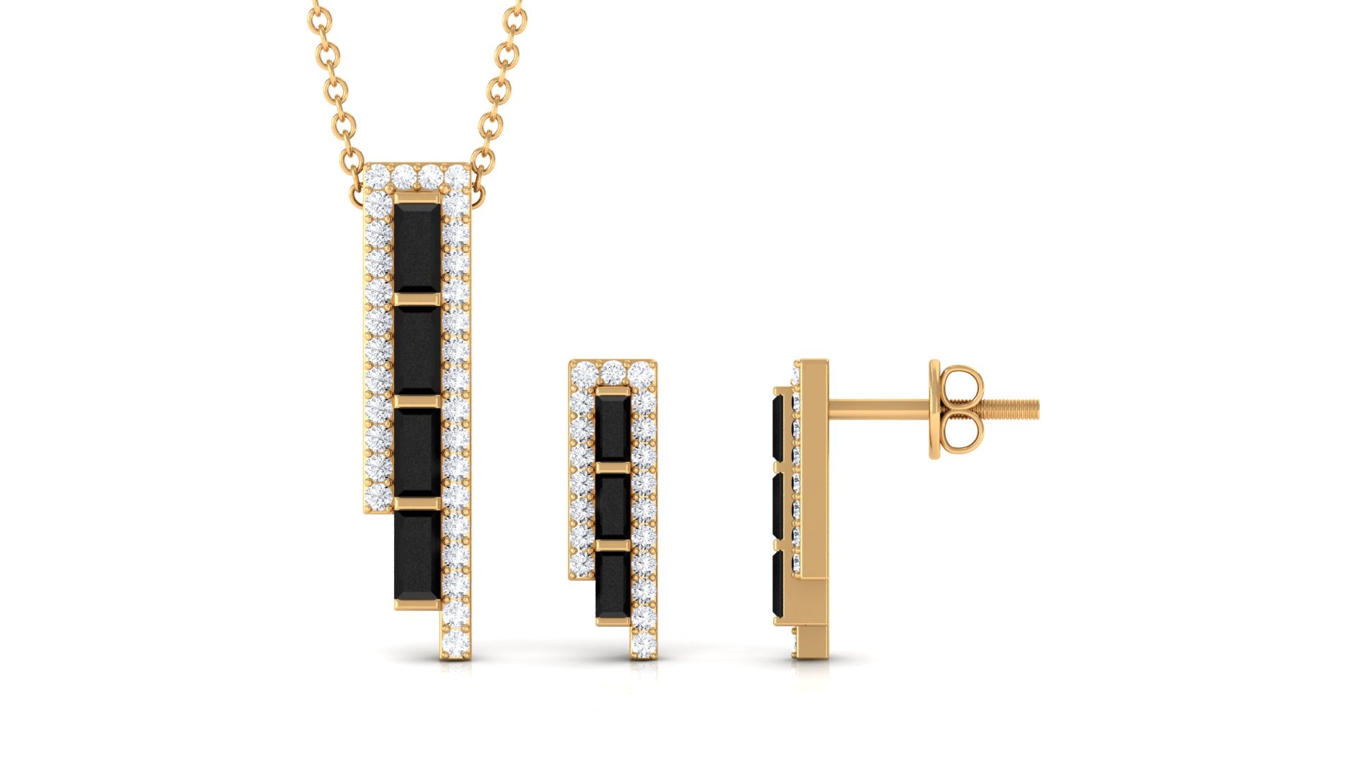 2 CT Baguette Cut Black Onyx Designer Bar Jewelry Set with Diamond Black Onyx - ( AAA ) - Quality - Rosec Jewels