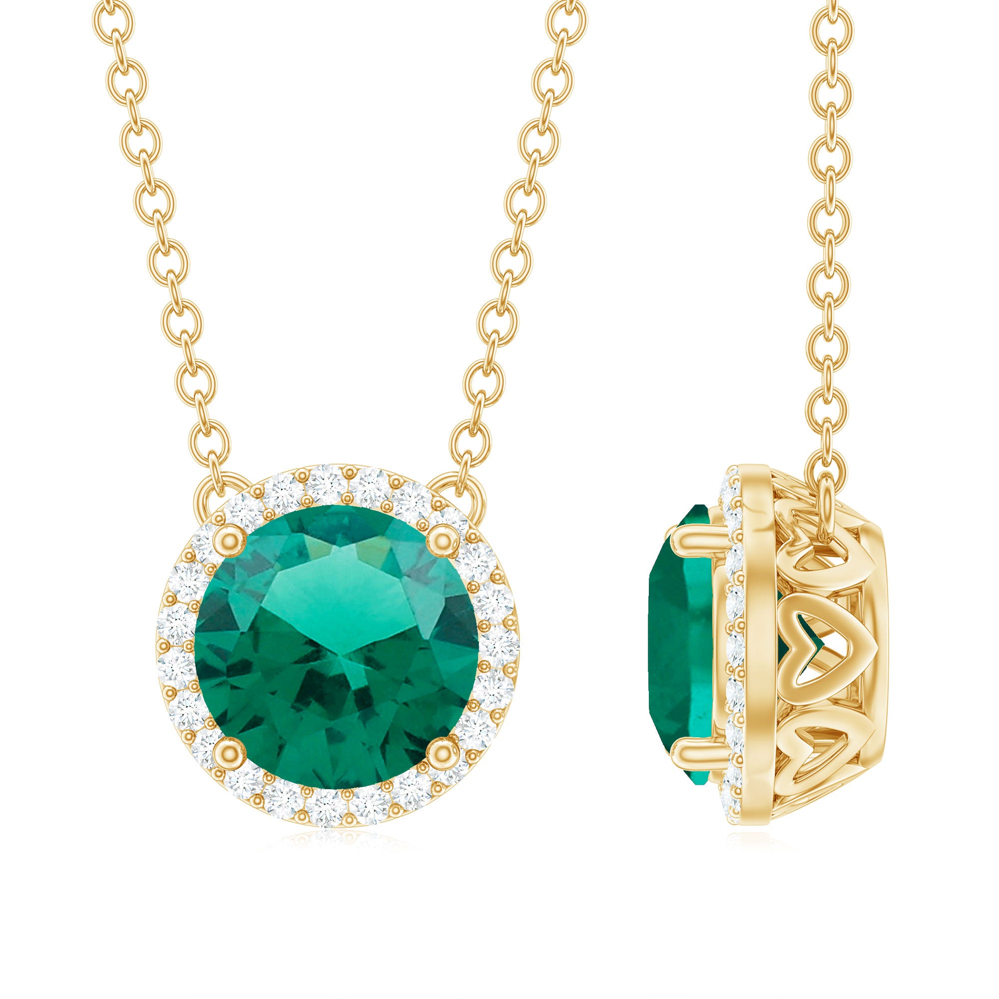 Created Emerald and Diamond Halo Necklace Lab Created Emerald - ( AAAA ) - Quality - Rosec Jewels