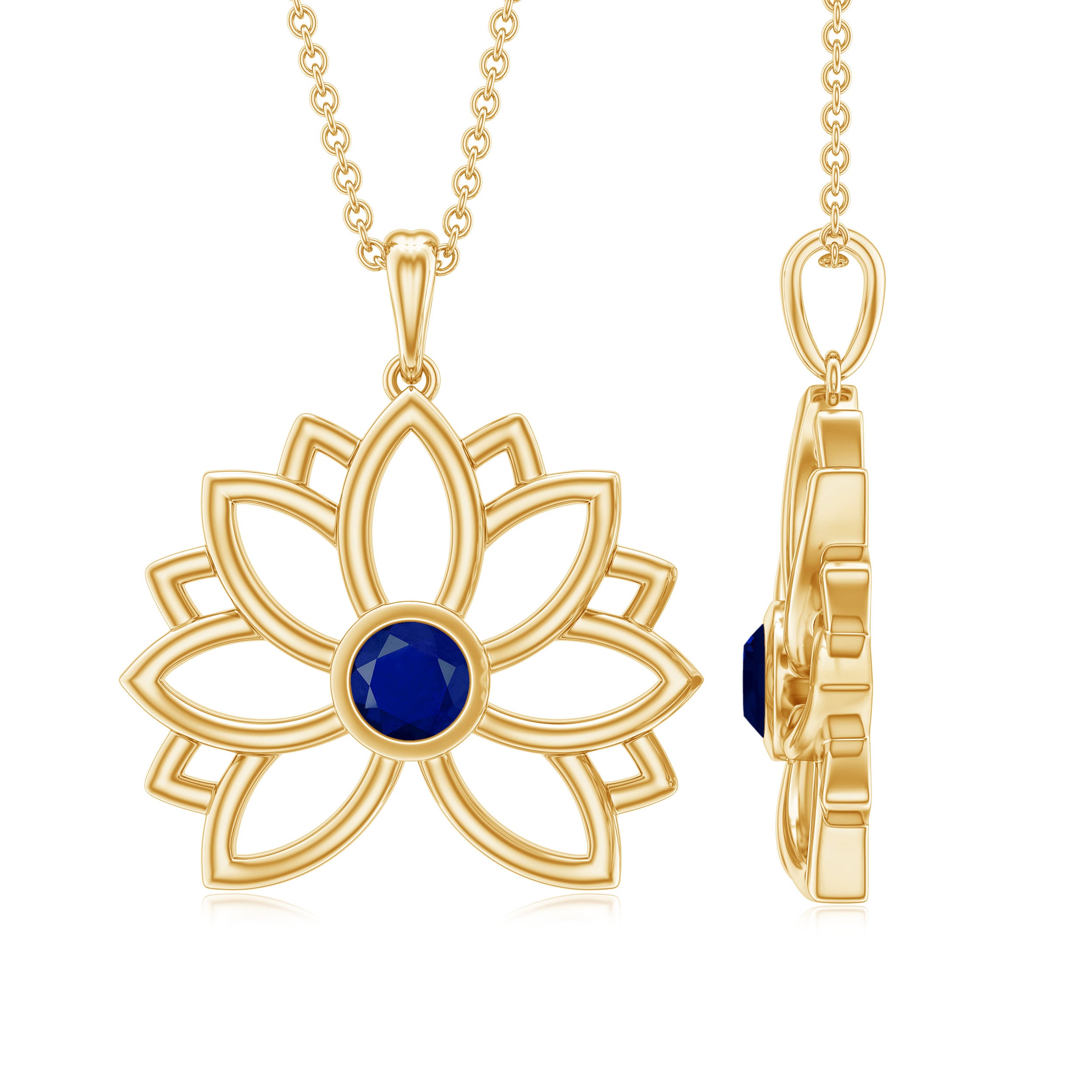 Lotus Flower Necklace with Blue Sapphire Blue Sapphire - ( AAA ) - Quality - Rosec Jewels