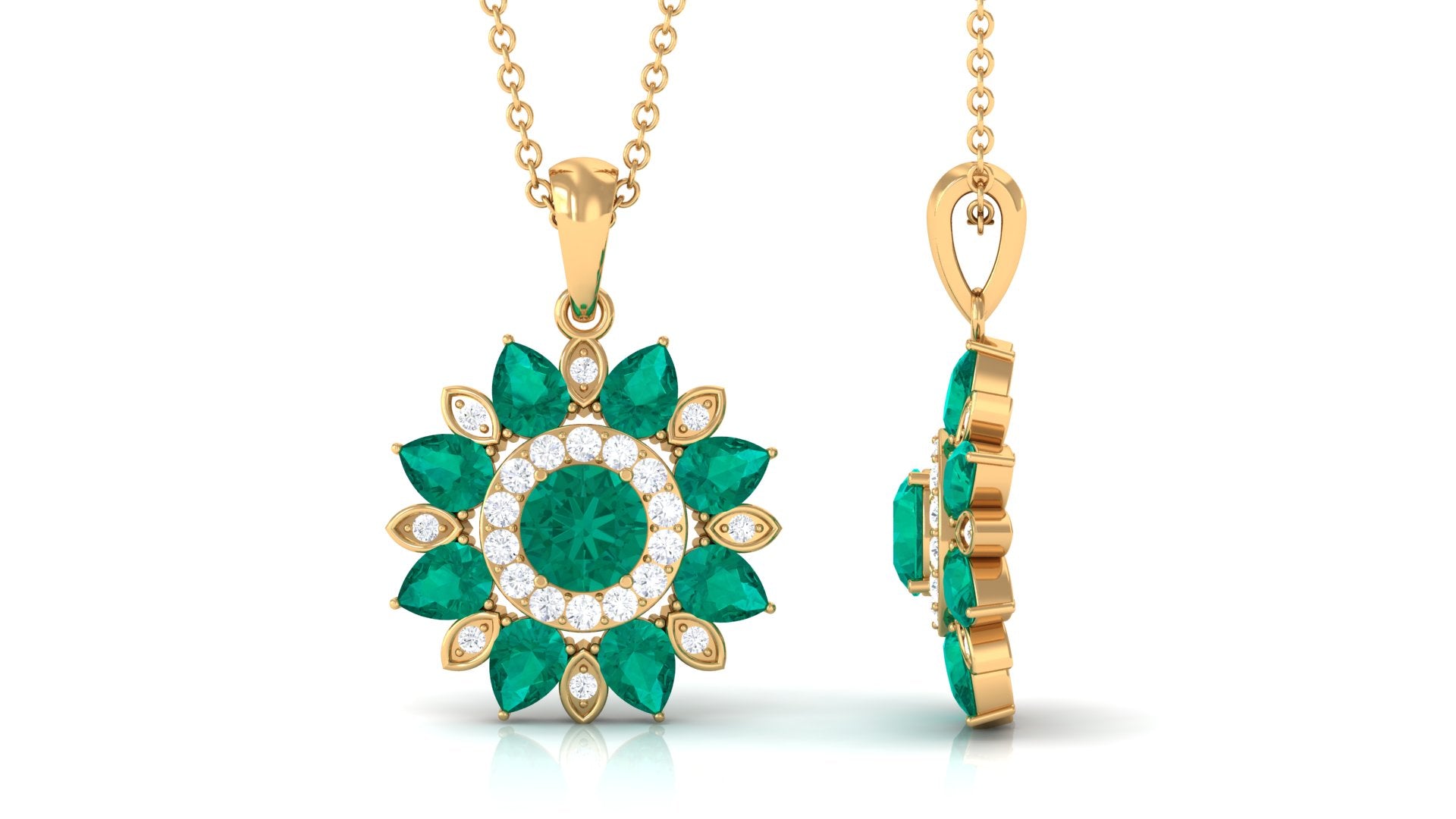 Emerald and Diamond Flower Statement Pendant Necklace Emerald - ( AAA ) - Quality - Rosec Jewels