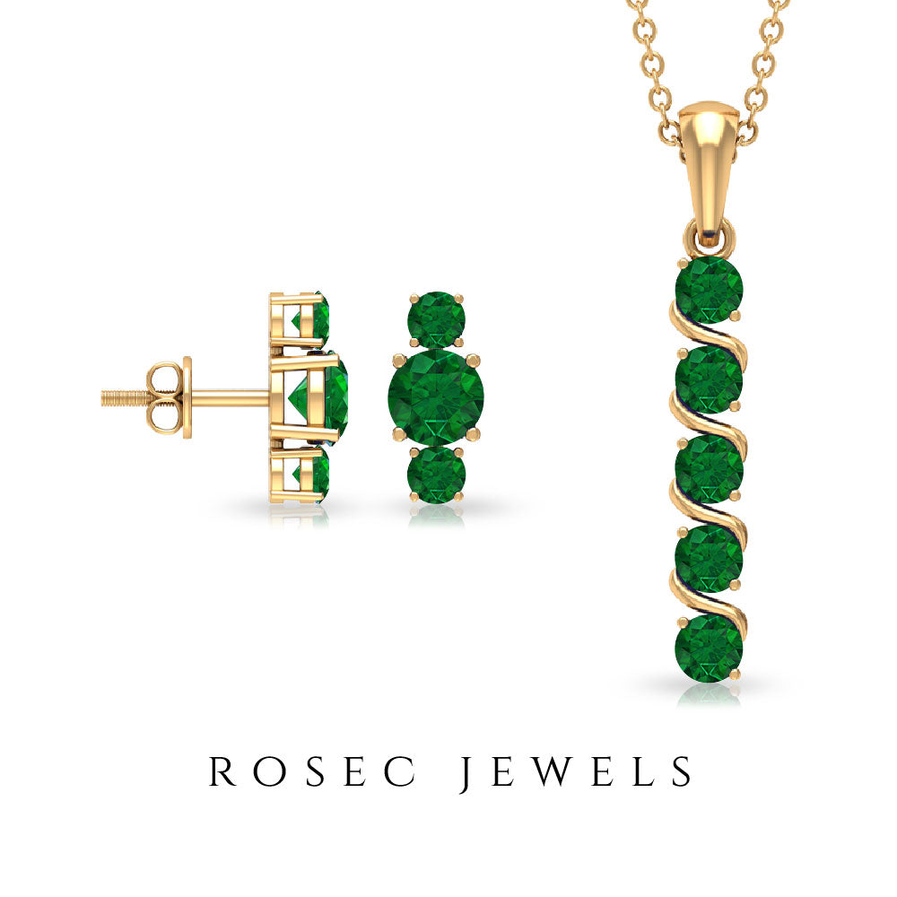 Natural Emerald Bar Pendant Necklace and Stud Earring Set Emerald - ( AAA ) - Quality - Rosec Jewels