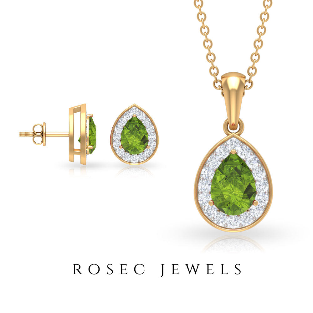 Peridot Teardrop Jewelry Set with Moissanite Halo Peridot - ( AAA ) - Quality - Rosec Jewels