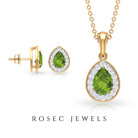 Peridot Teardrop Jewelry Set with Moissanite Halo Peridot - ( AAA ) - Quality - Rosec Jewels