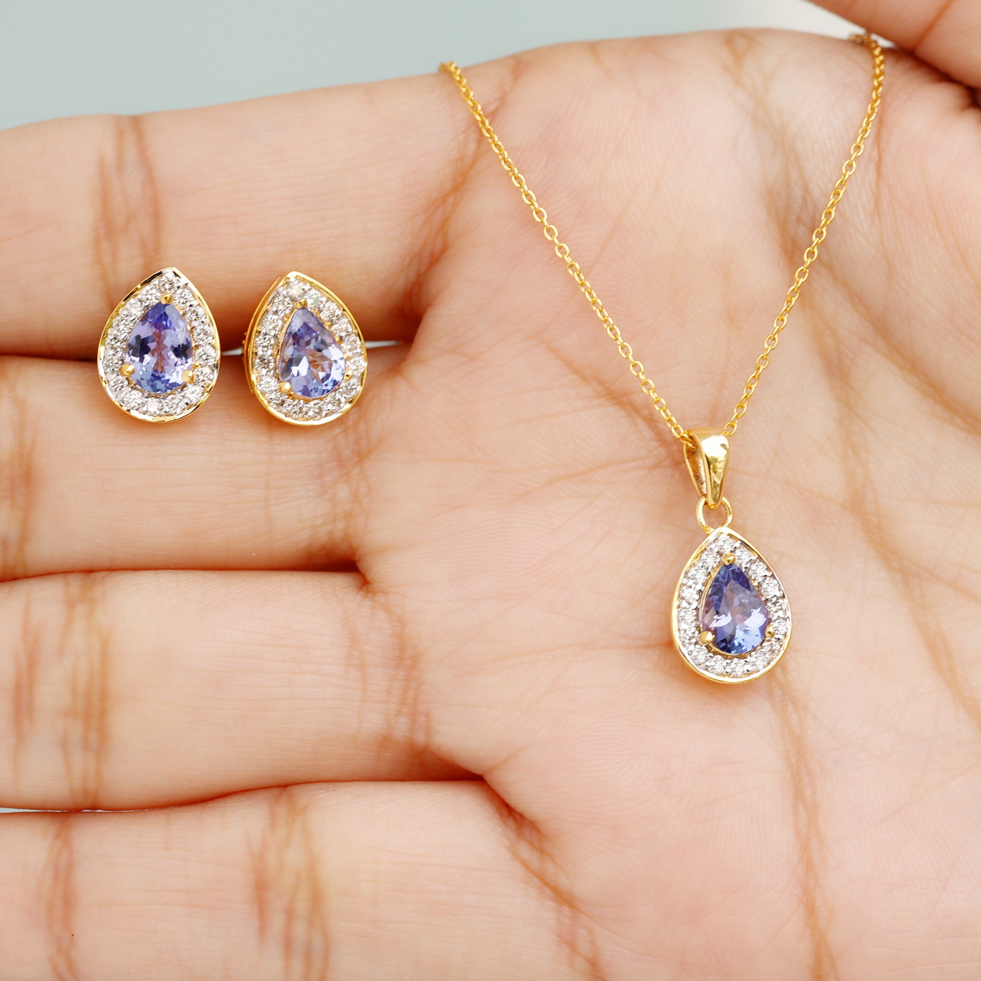 Pear Shape Tanzanite Teardrop Jewelry Set with Moissanite Tanzanite - ( AAA ) - Quality - Rosec Jewels