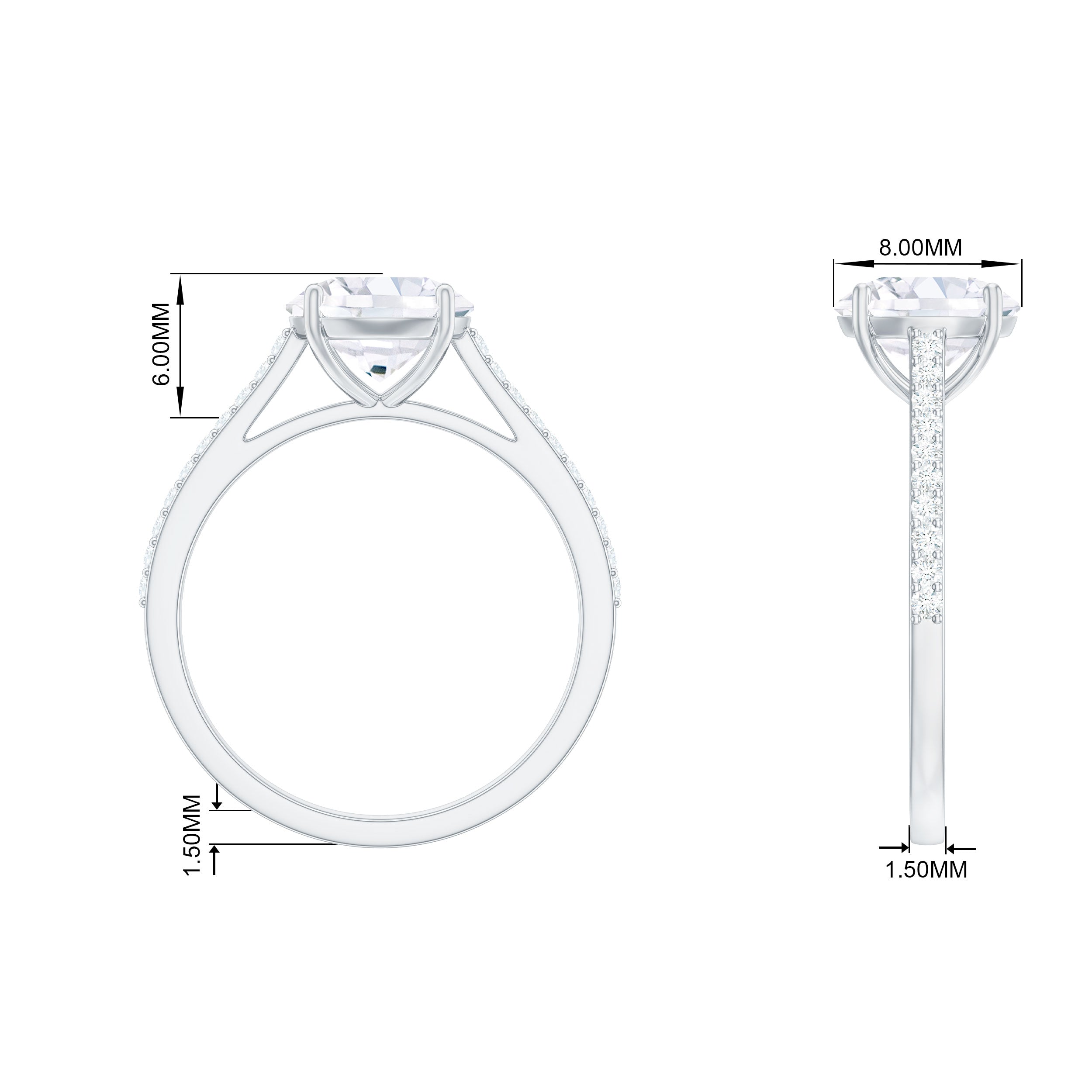 Certified Moissanite Round Cut Solitaire Ring with Side Stones Moissanite - ( D-VS1 ) - Color and Clarity - Rosec Jewels