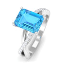 6X8 MM Emerald Cut Swiss Blue Topaz Solitaire with Diamond Engagement Ring Swiss Blue Topaz - ( AAA ) - Quality - Rosec Jewels