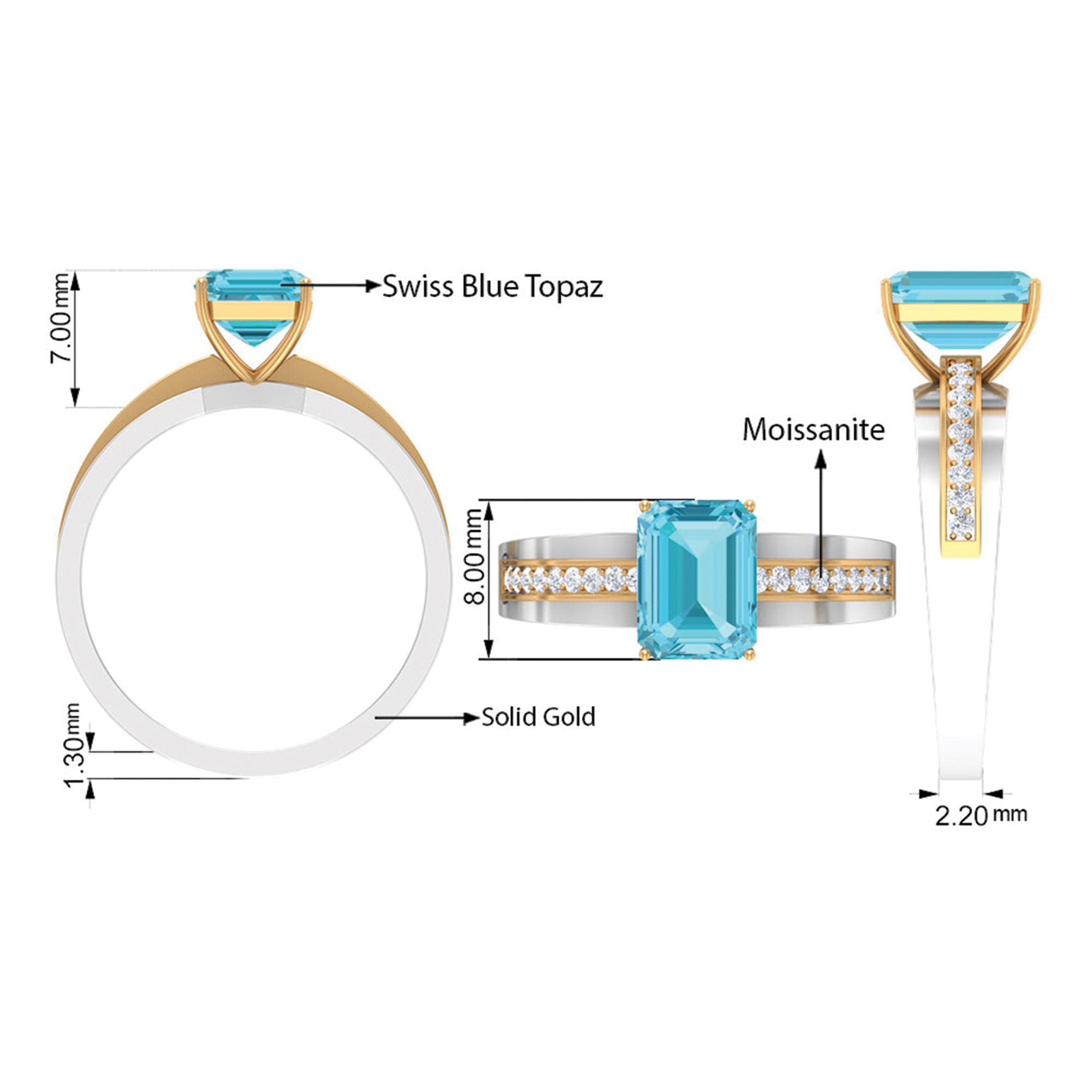 6X8 MM Emerald Cut Swiss Blue Topaz Solitaire with Diamond Two Tone Ring Swiss Blue Topaz - ( AAA ) - Quality - Rosec Jewels