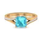 7 MM Asscher Cut Swiss Blue Topaz Solitaire with Diamond Split Shank Ring Swiss Blue Topaz - ( AAA ) - Quality - Rosec Jewels