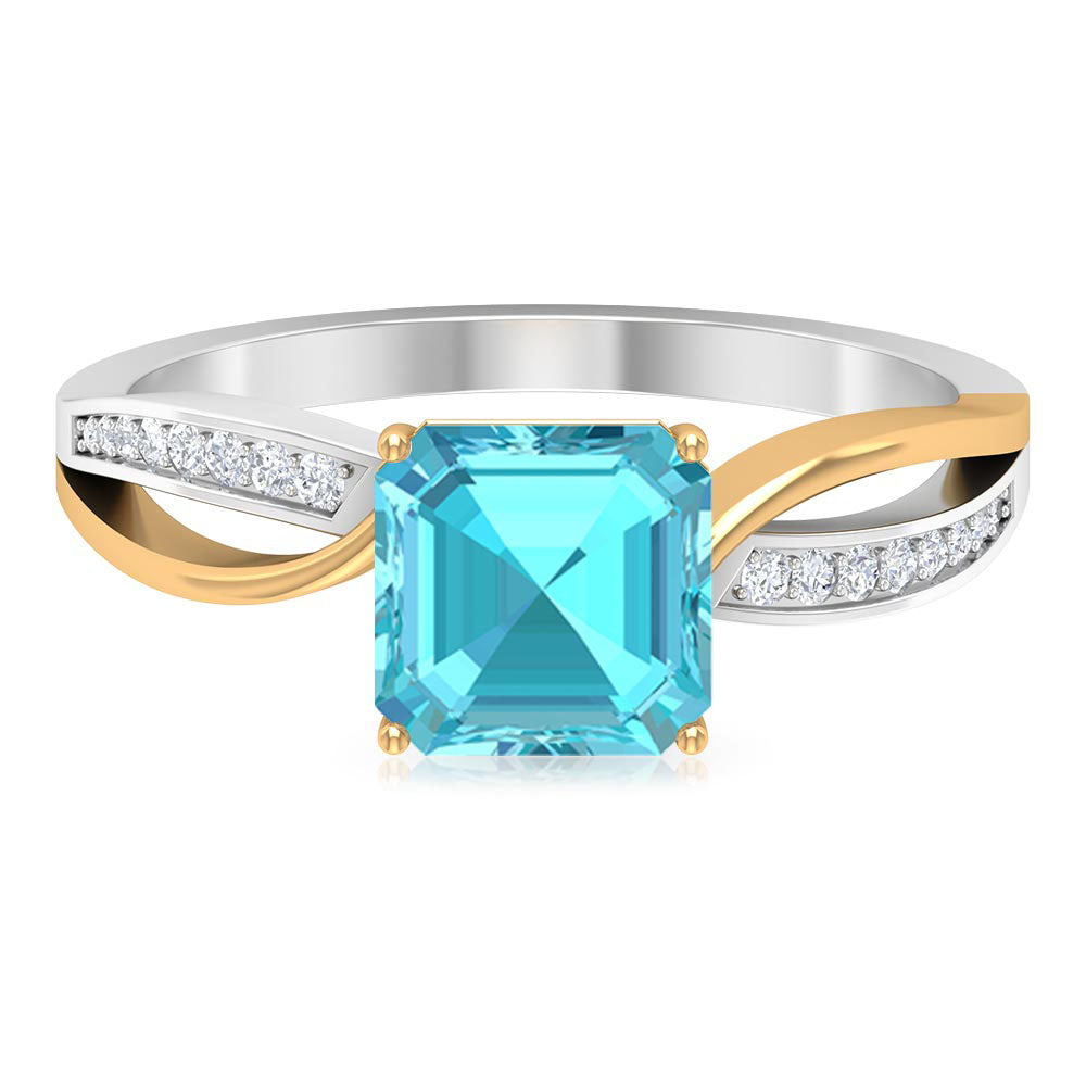 2.25 CT Two Tone Asscher Cut Swiss Blue Topaz Solitaire with Diamond Side Stone Ring Swiss Blue Topaz - ( AAA ) - Quality - Rosec Jewels