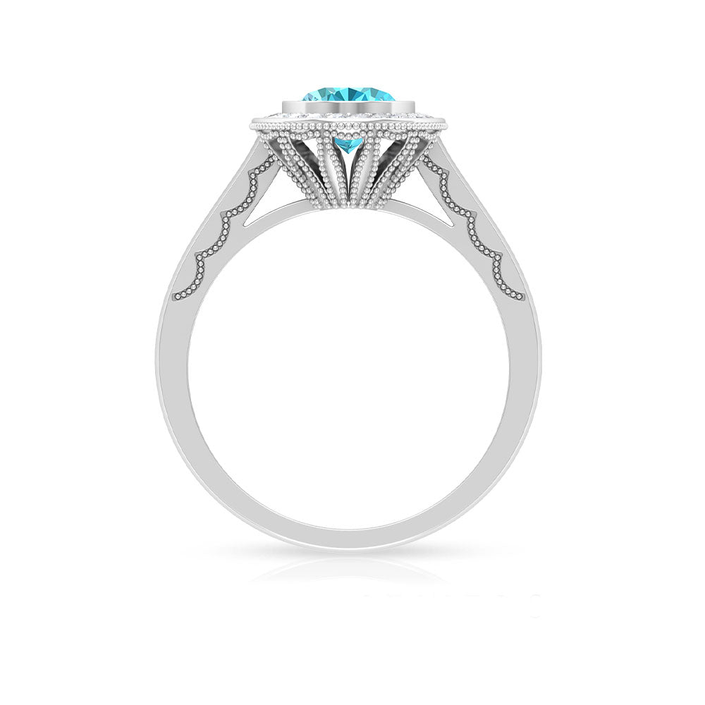 8X6 MM Oval Cut Swiss Blue Topaz Solitaire with Diamond Milgrain Ring Swiss Blue Topaz - ( AAA ) - Quality - Rosec Jewels