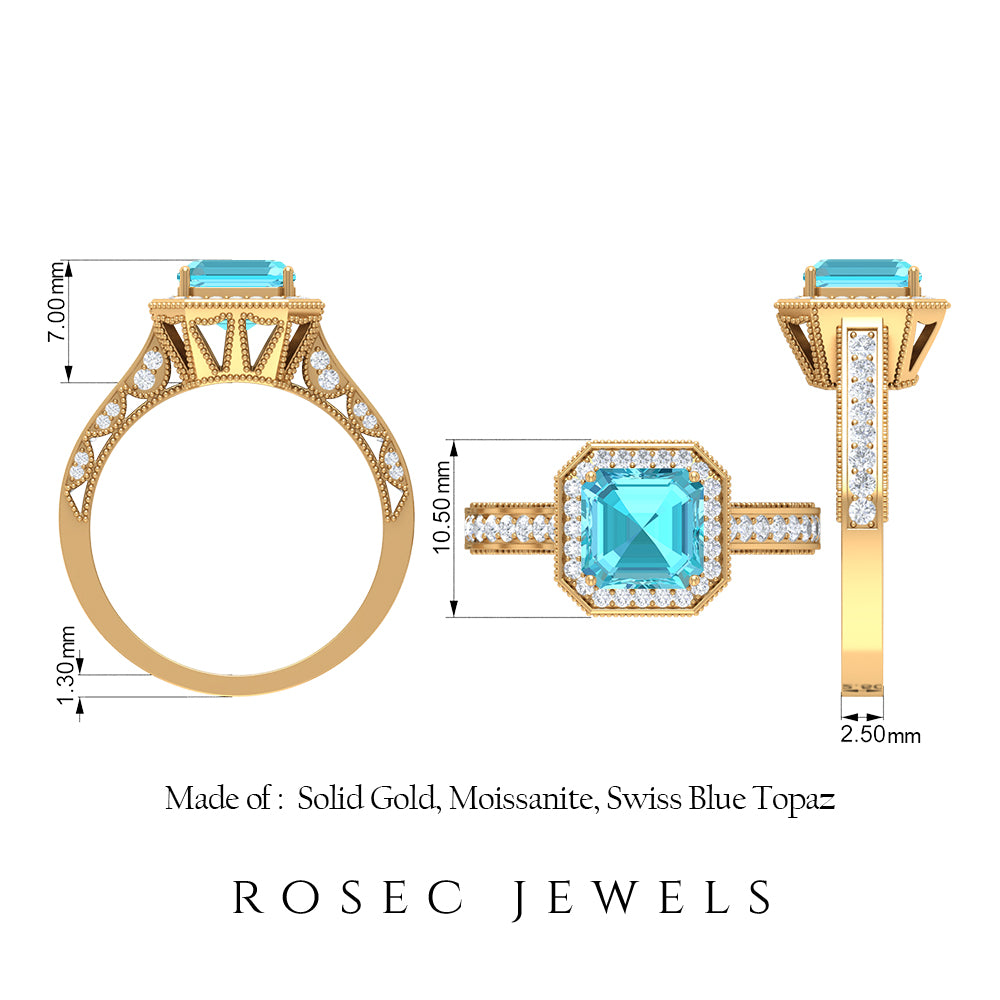 4 CT Asscher Cut Swiss Blue Topaz Vintage Engagement Ring with Moissanite Accent Swiss Blue Topaz - ( AAA ) - Quality - Rosec Jewels