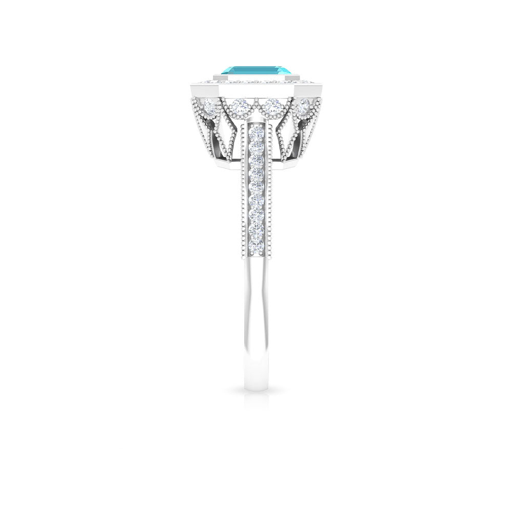 6 MM Asscher Cut Swiss Blue Topaz Solitaire with Diamond Side Stone Ring Swiss Blue Topaz - ( AAA ) - Quality - Rosec Jewels