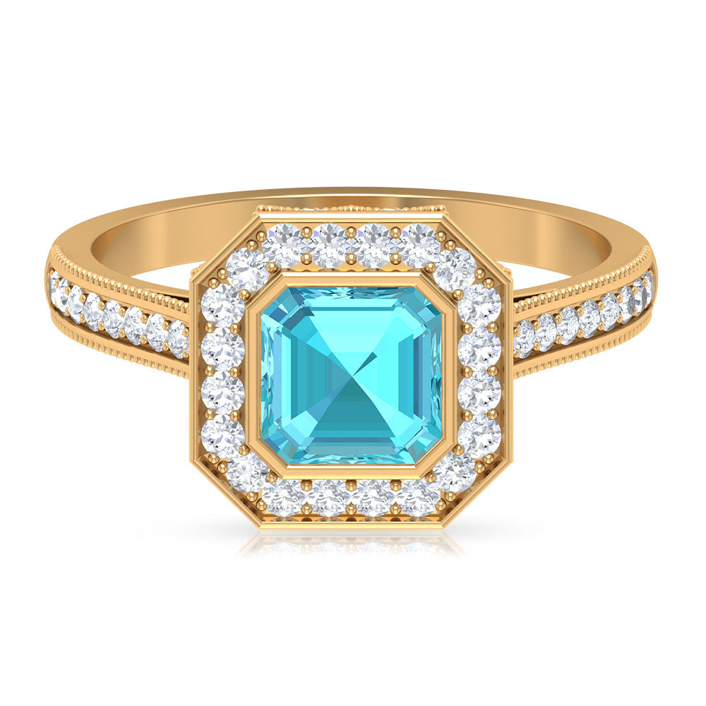 6 MM Asscher Cut Swiss Blue Topaz Solitaire with Diamond Side Stone Ring Swiss Blue Topaz - ( AAA ) - Quality - Rosec Jewels