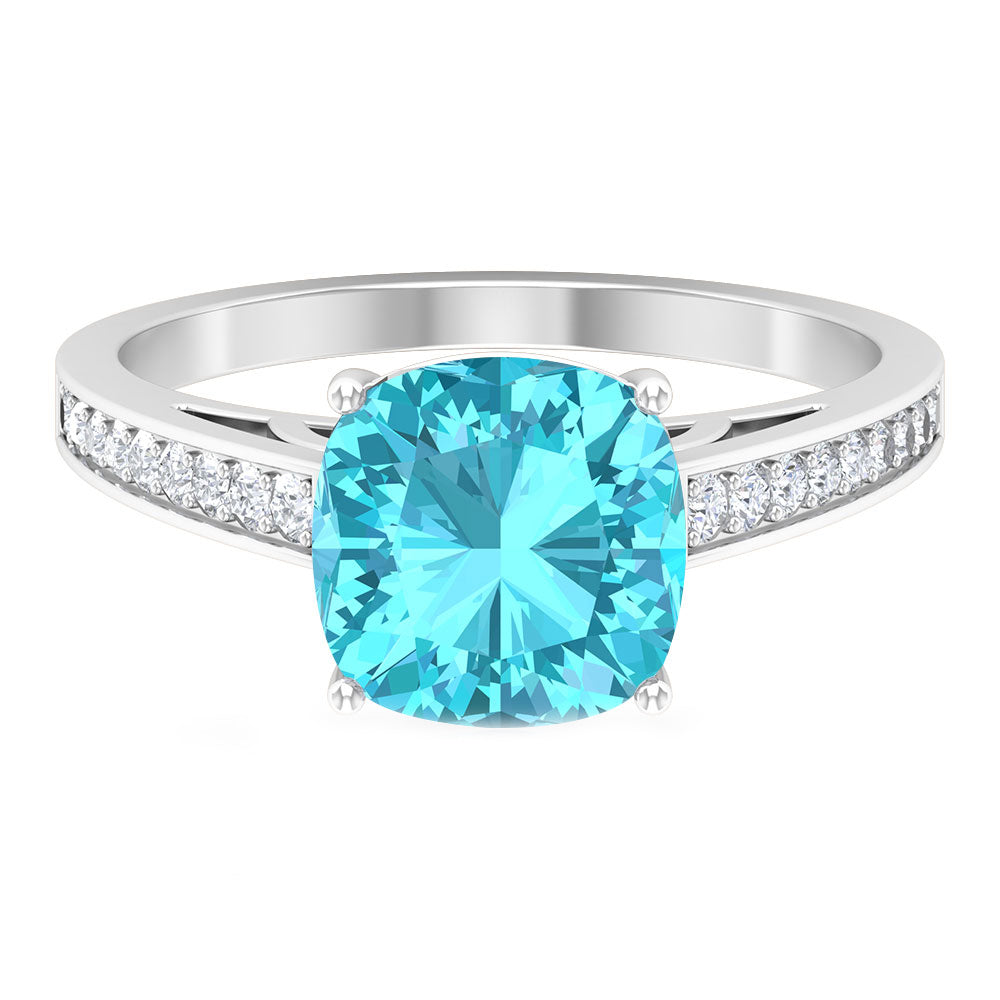 8.5 MM Cushion Cut Swiss Blue Topaz Solitaire with Diamond Side Stone Ring Swiss Blue Topaz - ( AAA ) - Quality - Rosec Jewels