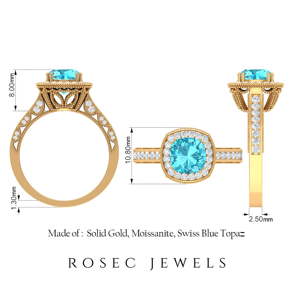 Milgrain Engagement Ring with 2.50 CT Swiss Blue Topaz and Moissanite Swiss Blue Topaz - ( AAA ) - Quality - Rosec Jewels