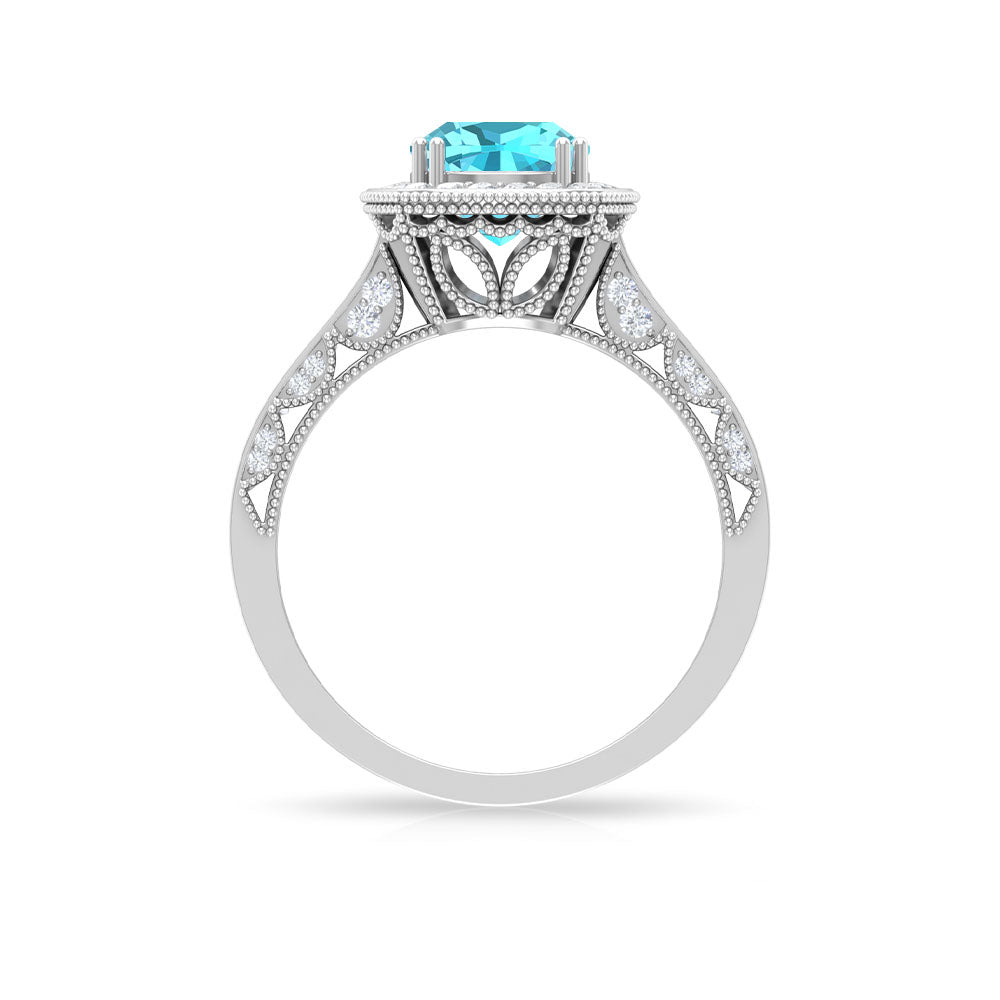 Milgrain Engagement Ring with 2.50 CT Swiss Blue Topaz and Moissanite Swiss Blue Topaz - ( AAA ) - Quality - Rosec Jewels