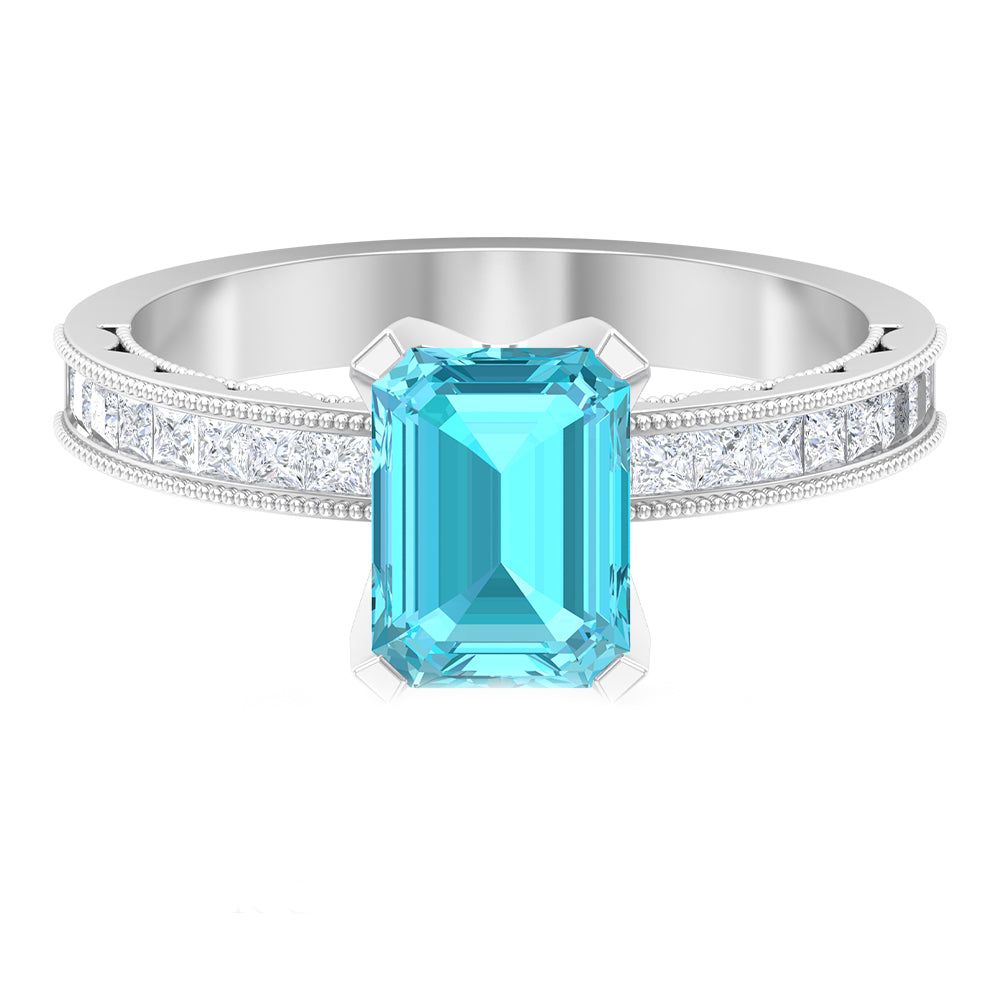 Milgrain Detailed Swiss Blue Topaz Solitaire Ring with Diamond Swiss Blue Topaz - ( AAA ) - Quality - Rosec Jewels