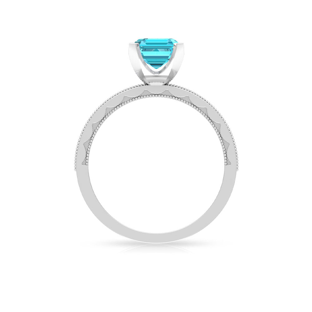 Milgrain Detailed Swiss Blue Topaz Solitaire Ring with Diamond Swiss Blue Topaz - ( AAA ) - Quality - Rosec Jewels