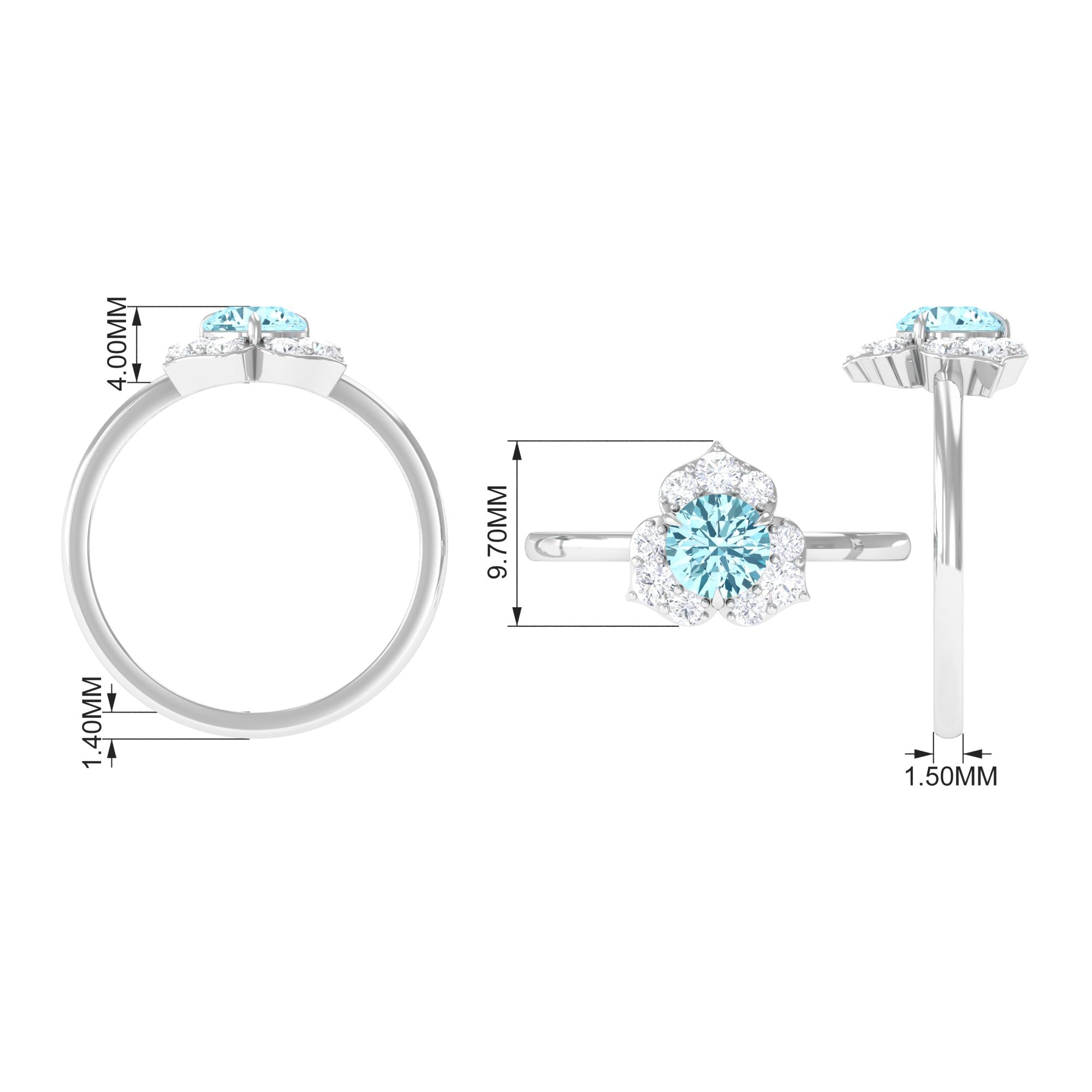 1 CT Round Aquamarine Flower Engagement Ring with Diamond Aquamarine - ( AAA ) - Quality - Rosec Jewels