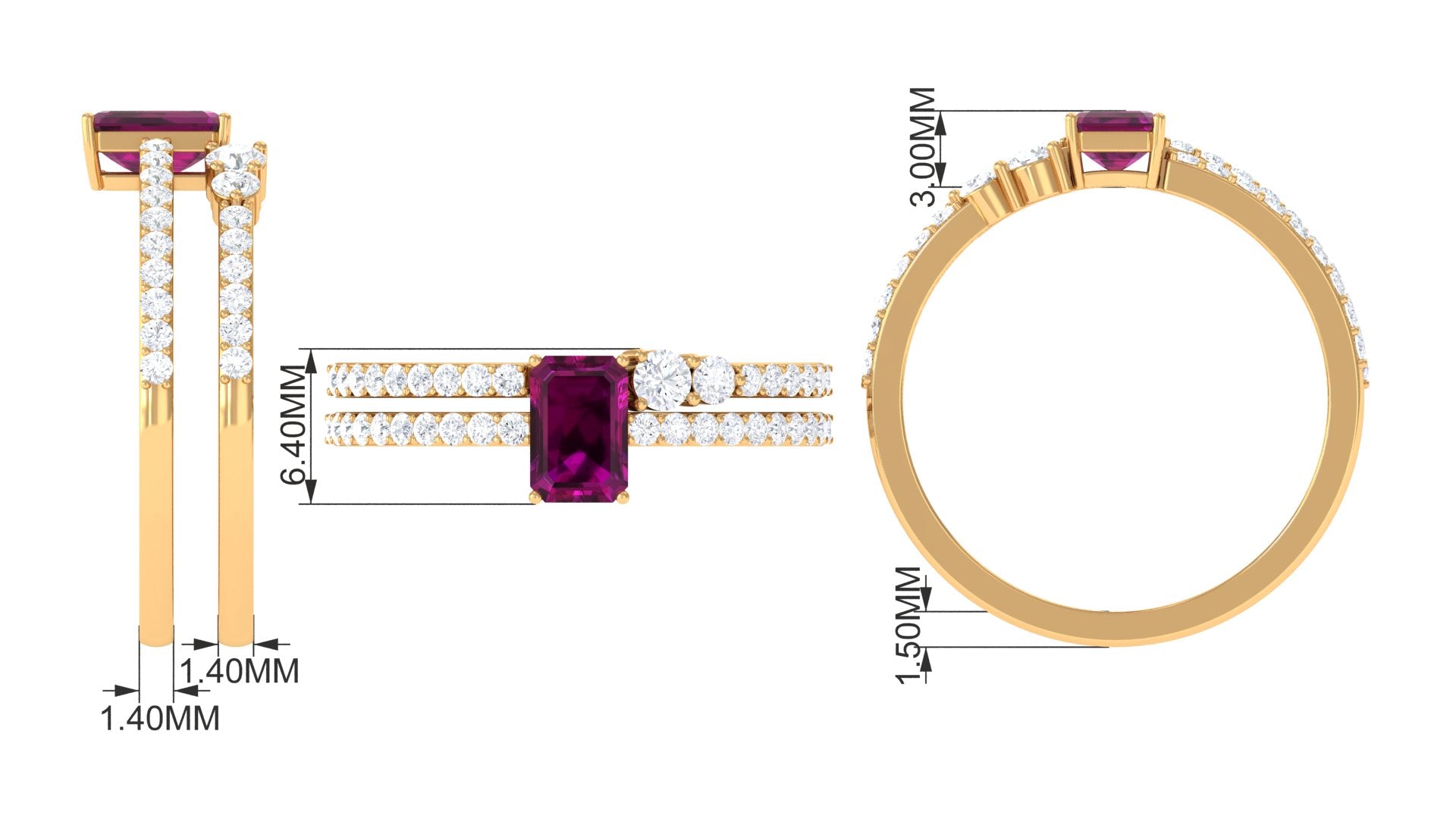 2.75 CT Emerald Cut Rhodolite and Diamond Stackable Ring Set Rhodolite - ( AAA ) - Quality - Rosec Jewels