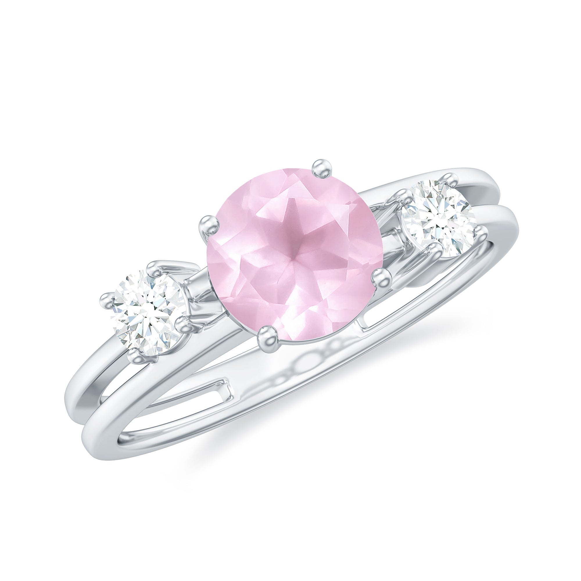 Rose Quartz Solitaire Double Band Ring with Diamond Stones Rose Quartz - ( AAA ) - Quality - Rosec Jewels