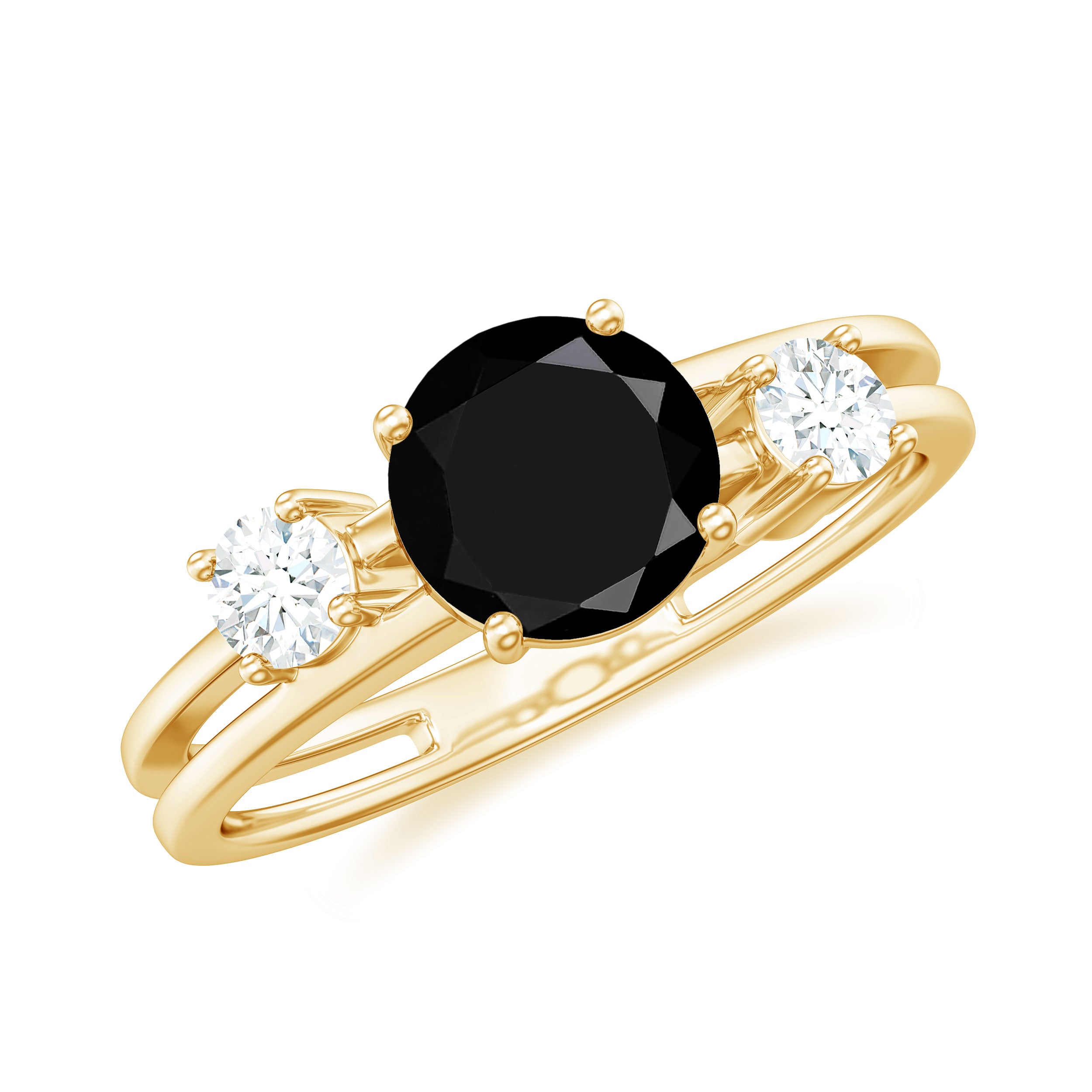 Double Band Solitaire Ring with Black Onyx and Diamond Black Onyx - ( AAA ) - Quality - Rosec Jewels