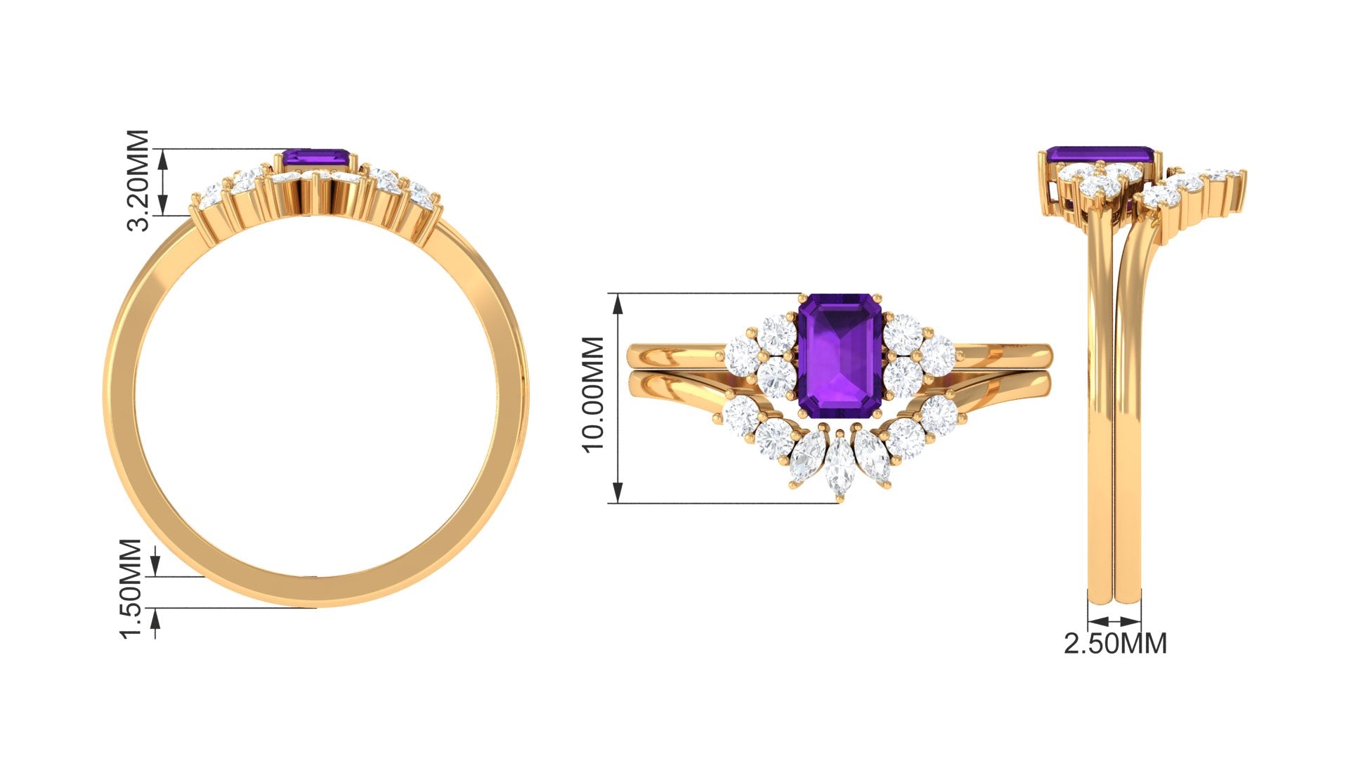 Octagon Amethyst Solitaire Stackable Ring Set with Diamond Amethyst - ( AAA ) - Quality - Rosec Jewels