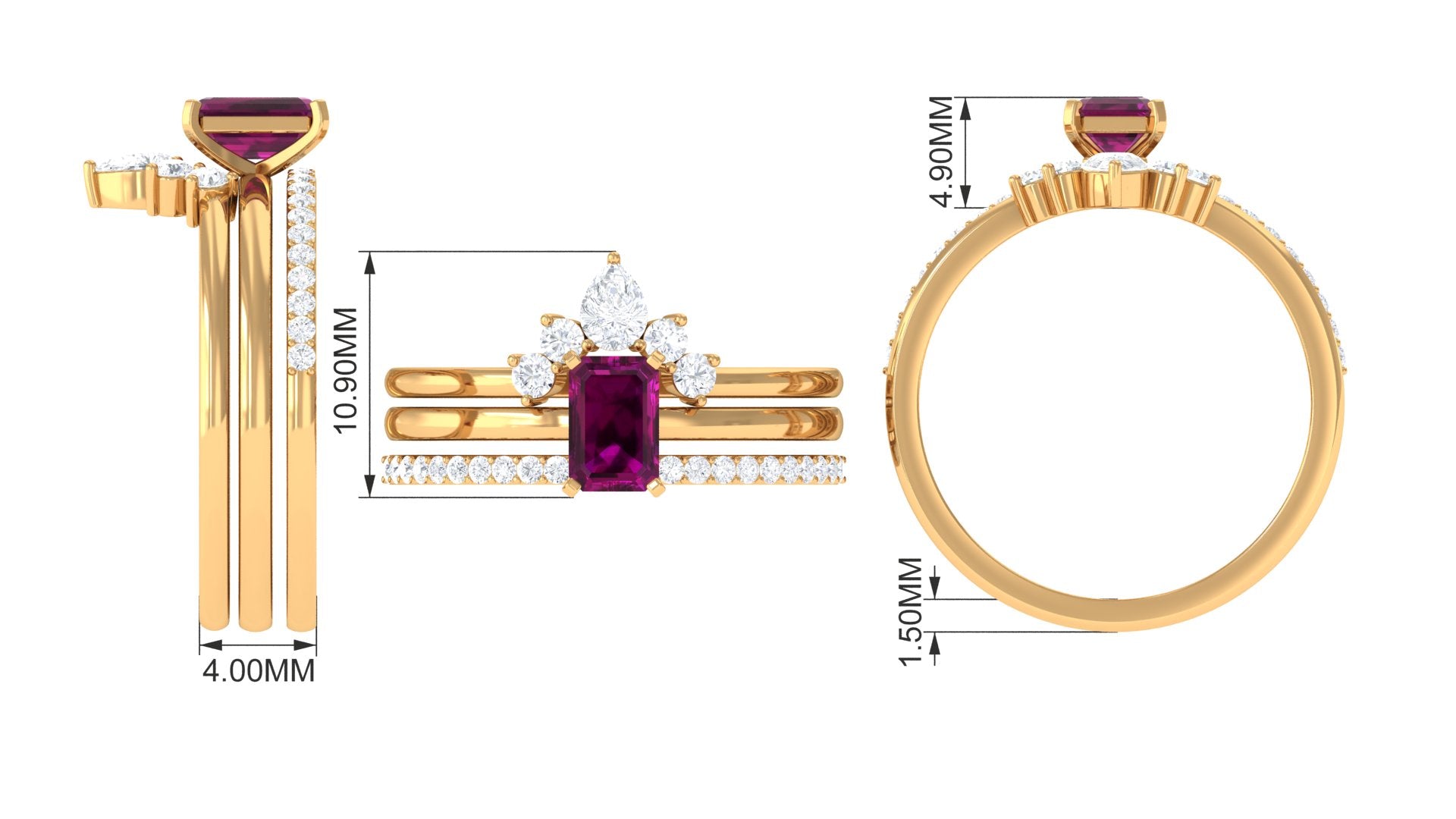 1.50 CT Natural Rhodolite and Moissanite Ring Set in Gold Rhodolite - ( AAA ) - Quality - Rosec Jewels