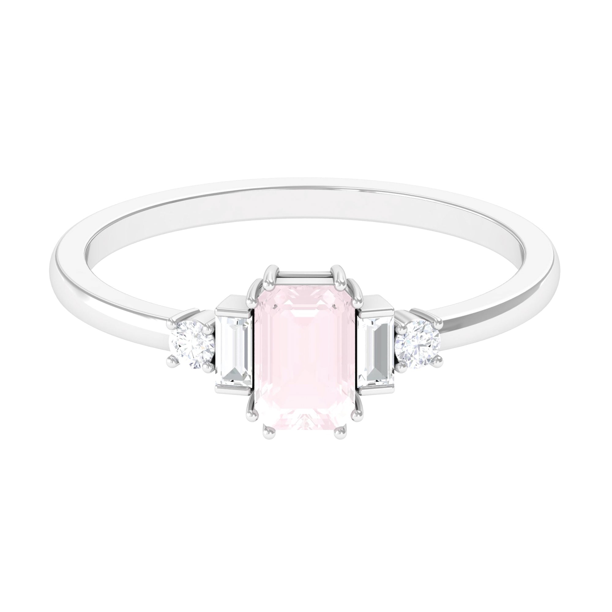 Natural Rose Quartz Solitaire Ring with Diamond Side Stones Rose Quartz - ( AAA ) - Quality - Rosec Jewels