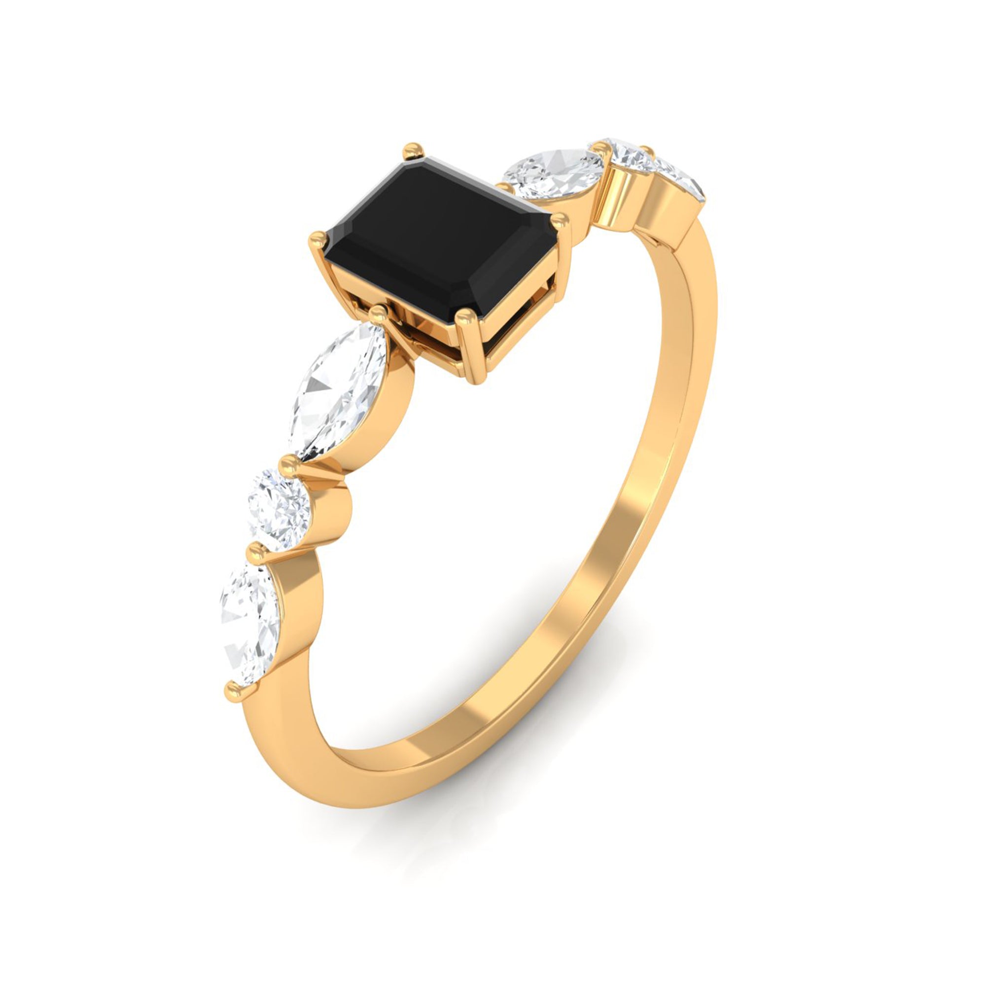 Octagon Black Onyx Solitaire Ring with Diamond Side Stones Black Onyx - ( AAA ) - Quality - Rosec Jewels