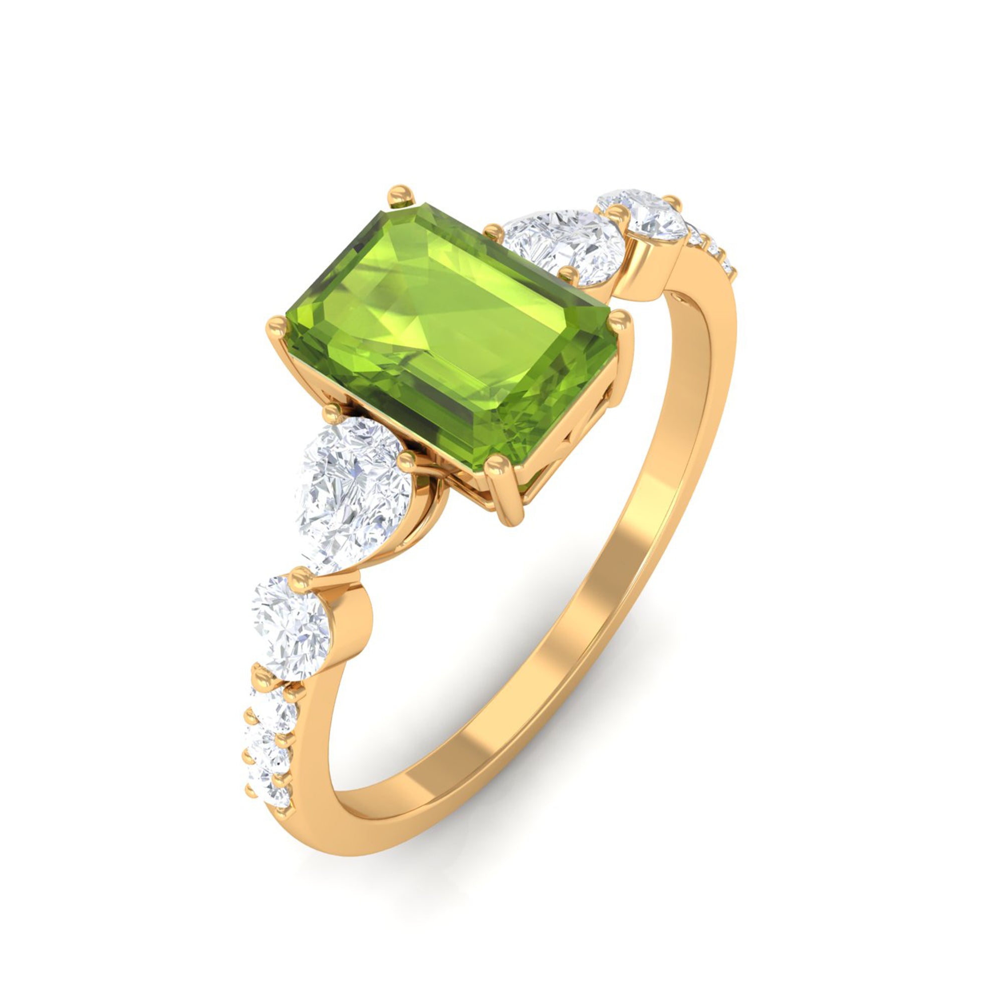 Classic Peridot Solitaire Ring with Moissanite Side Stones in Gold Peridot - ( AAA ) - Quality - Rosec Jewels