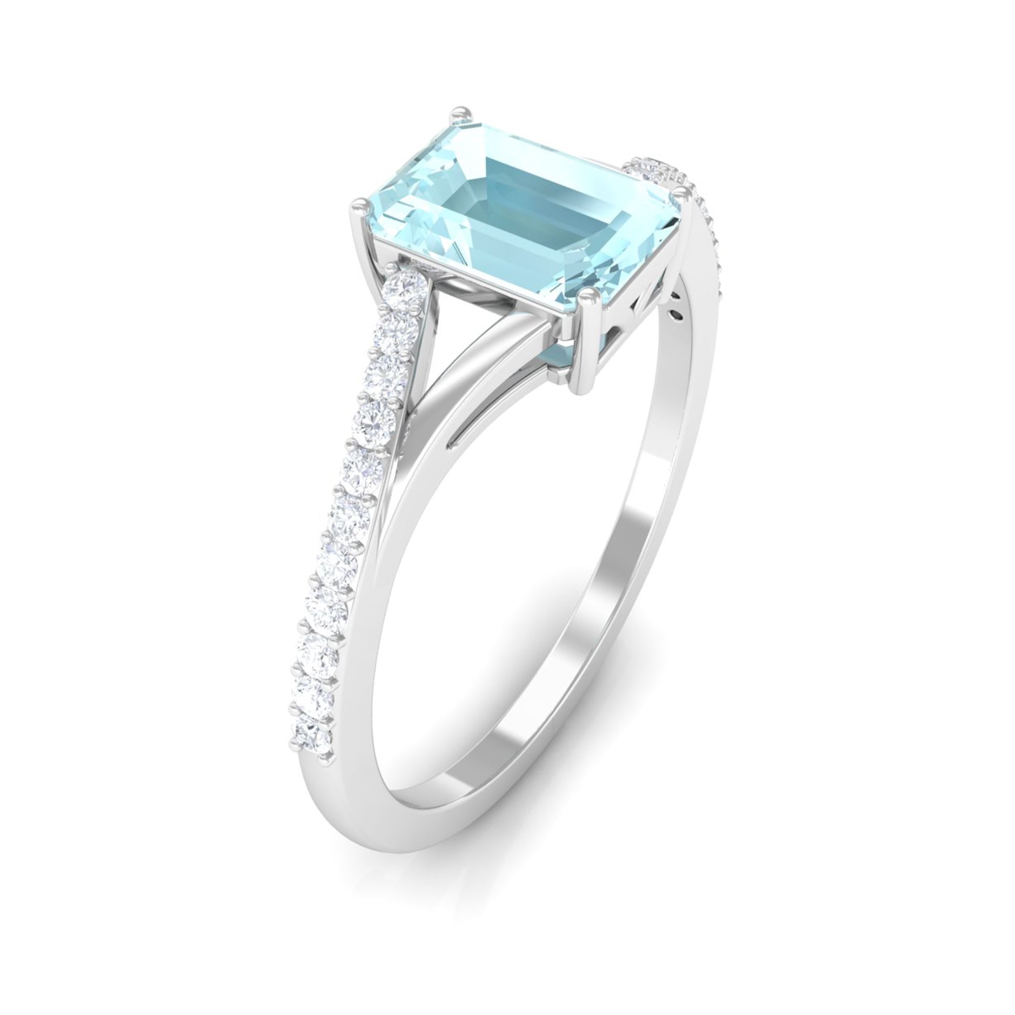 Split Shank Emerald Cut Shape Solitaire Sky Blue Topaz and Diamond Ring Sky Blue Topaz - ( AAA ) - Quality - Rosec Jewels