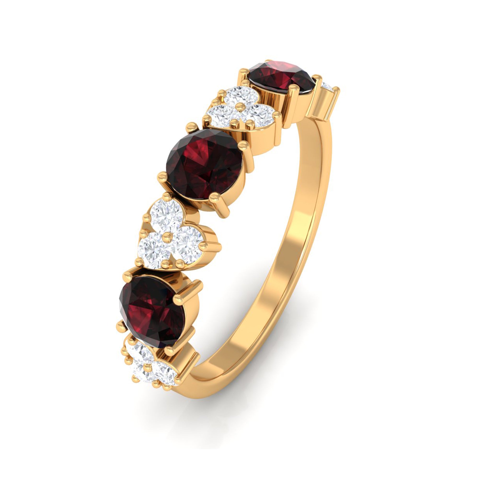 Alternate Garnet and Pave Diamond Heart Half Eternity Ring Garnet - ( AAA ) - Quality - Rosec Jewels