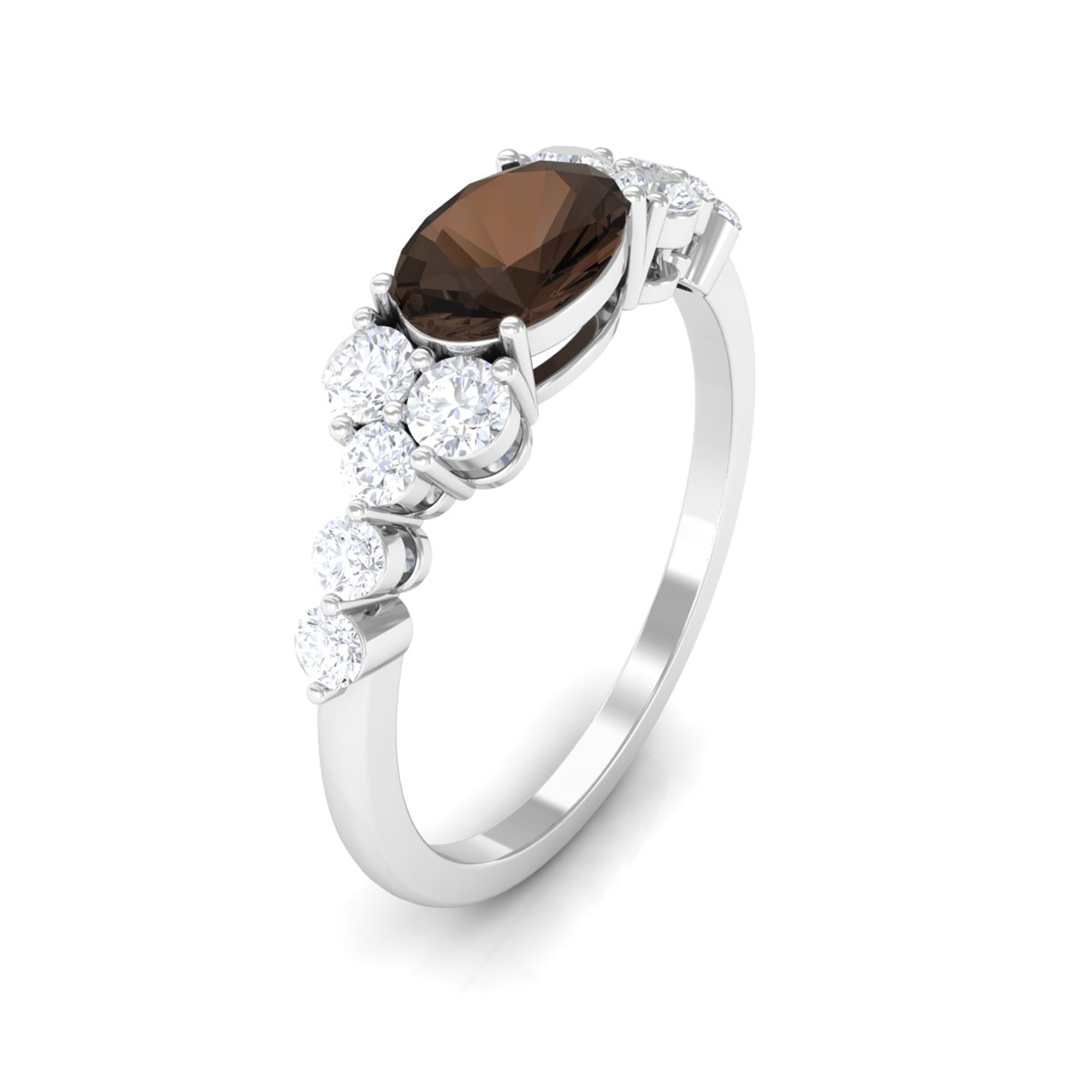 Solitaire Smoky Quartz East West Ring with Diamond Side Stones Smoky Quartz - ( AAA ) - Quality - Rosec Jewels