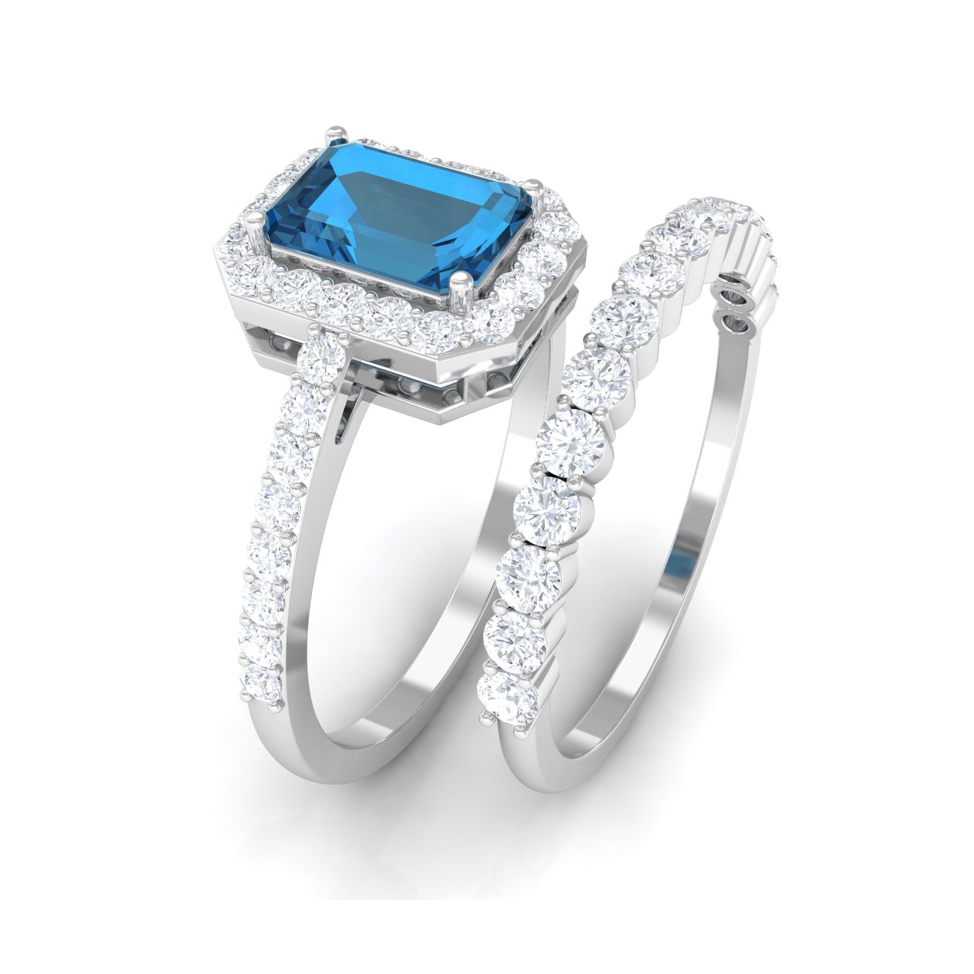 Genuine London Blue Topaz and Diamond Stackable Ring Set London Blue Topaz - ( AAA ) - Quality - Rosec Jewels