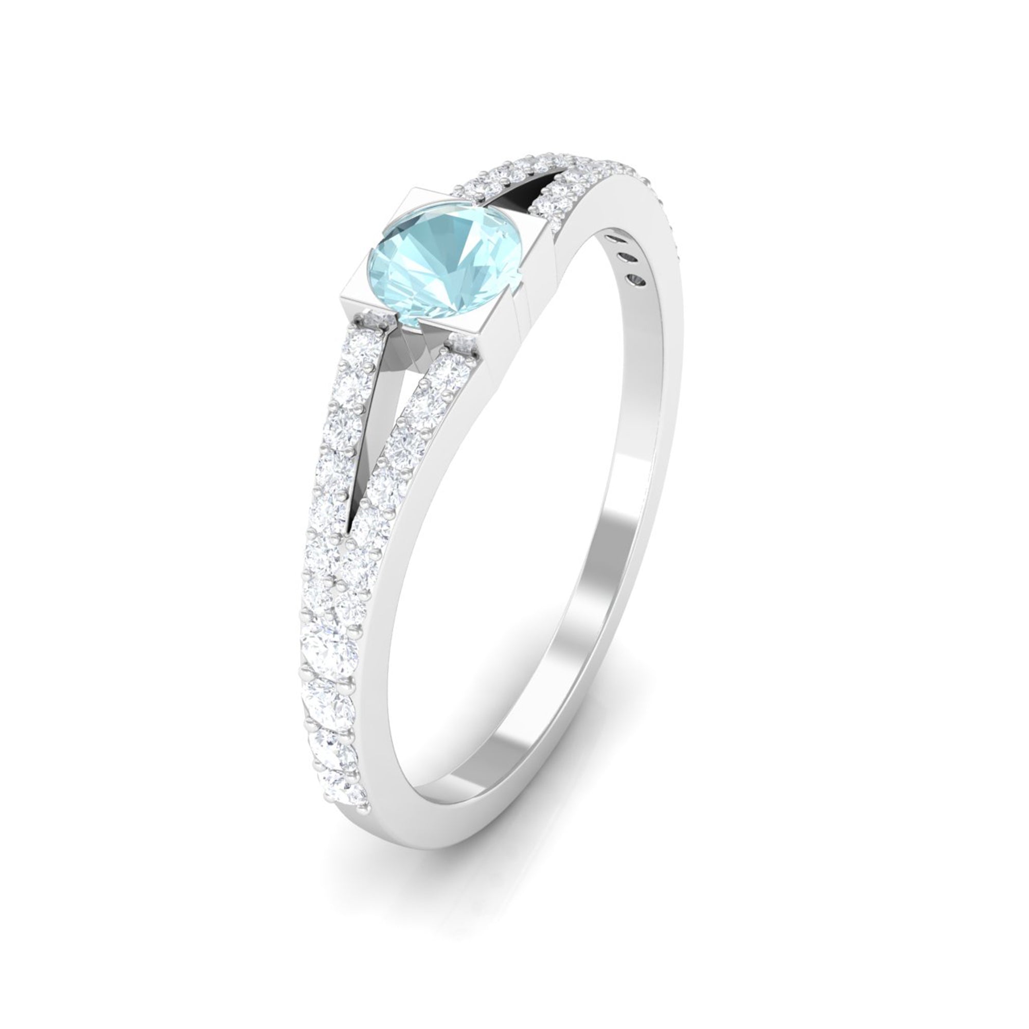 3/4 CT Split Shank Round Sky Blue Topaz Promise Ring with Diamond Sky Blue Topaz - ( AAA ) - Quality - Rosec Jewels