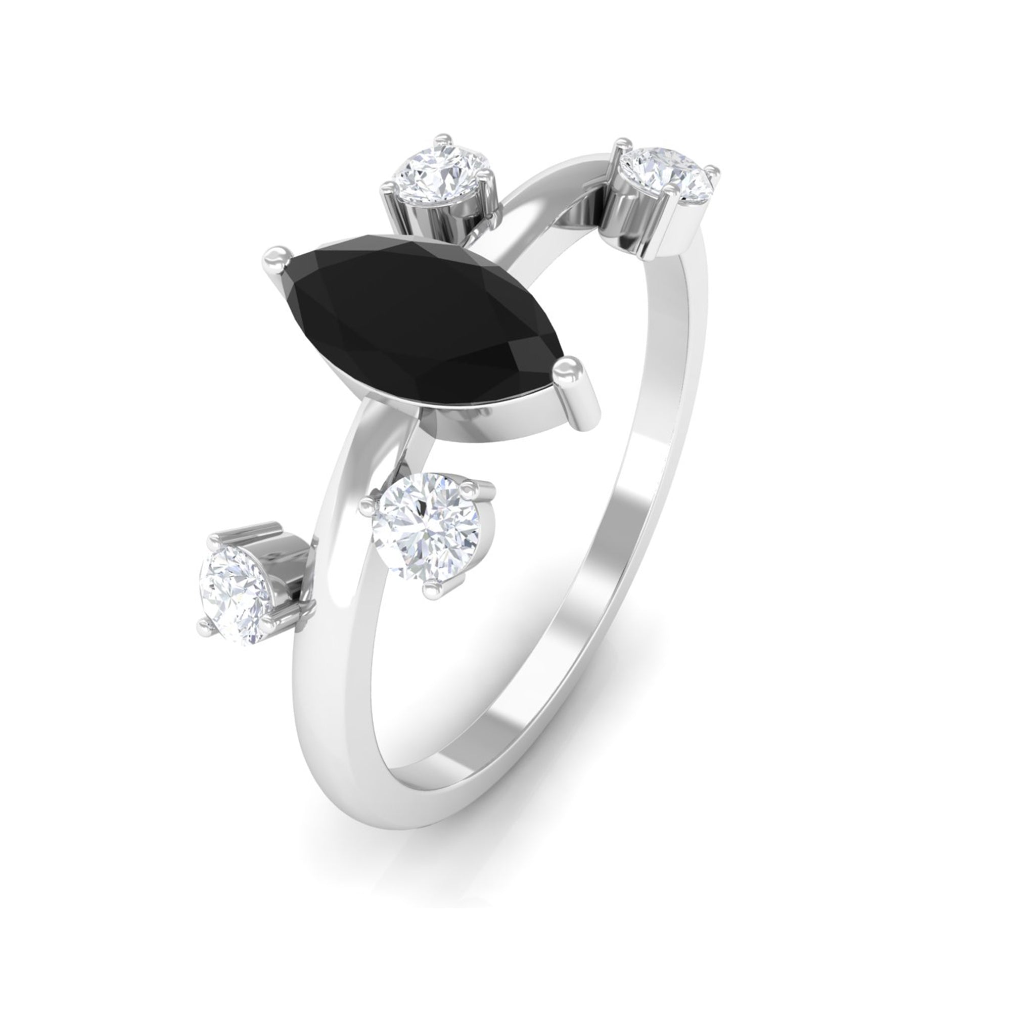 Marquise Cut Solitaire Black Spinel Ring with Scatter Diamond Black Spinel - ( AAA ) - Quality - Rosec Jewels