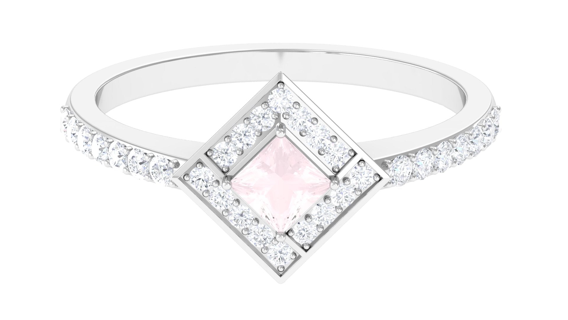 Princess Cut Rose Quartz Geometric Ring with Diamond Accent Rose Quartz - ( AAA ) - Quality - Rosec Jewels