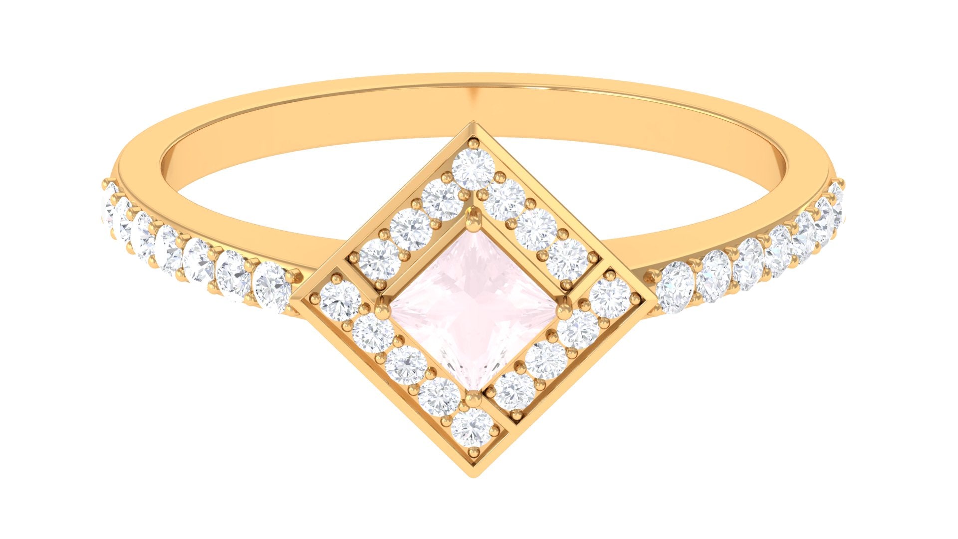 Princess Cut Rose Quartz Geometric Ring with Diamond Accent Rose Quartz - ( AAA ) - Quality - Rosec Jewels