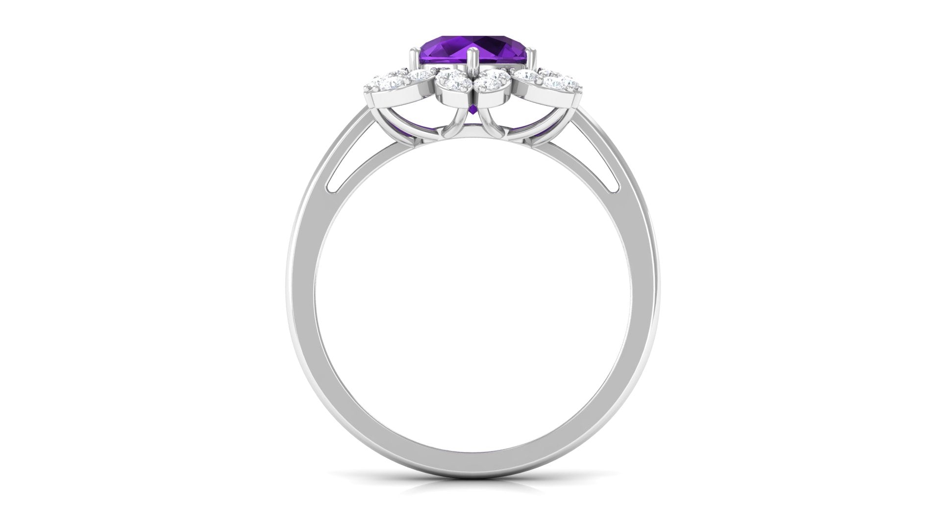 Round Amethyst Flower Engagement Ring with Diamond Amethyst - ( AAA ) - Quality - Rosec Jewels