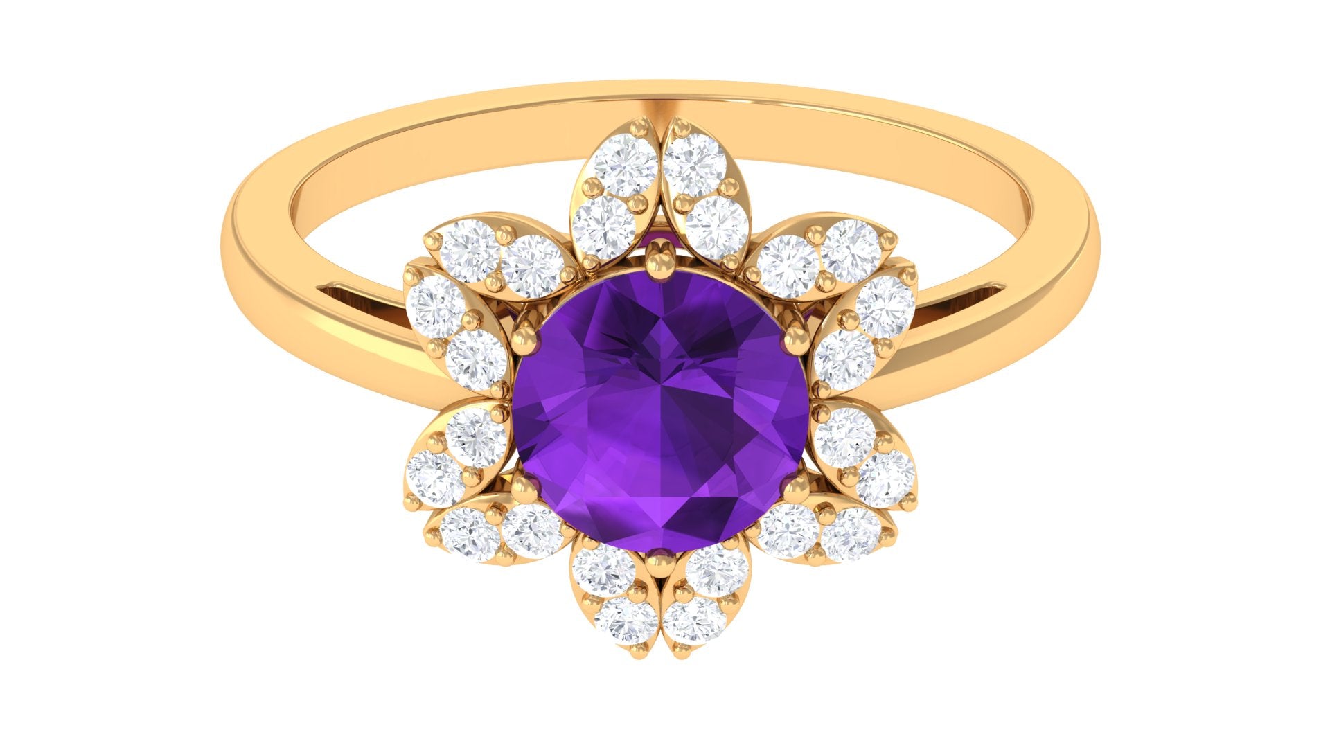 Round Amethyst Flower Engagement Ring with Diamond Amethyst - ( AAA ) - Quality - Rosec Jewels